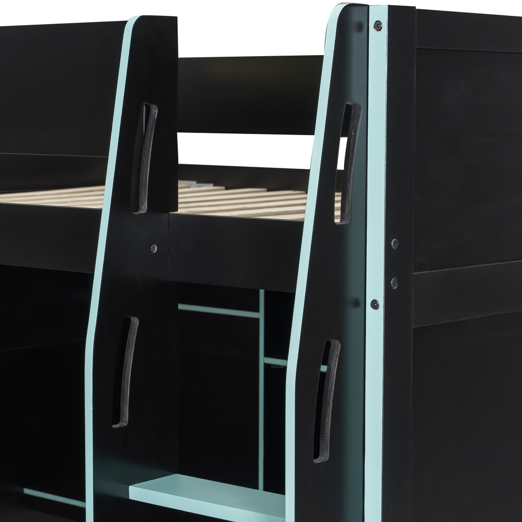 Full Size Gaming Loft Bed with Desk, LED Lights & Open Wardrobe, Space-Saving Loft Bed for Gamers & Small Rooms