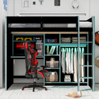 Full Size Gaming Loft Bed with Desk, LED Lights & Open Wardrobe, Space-Saving Loft Bed for Gamers & Small Rooms