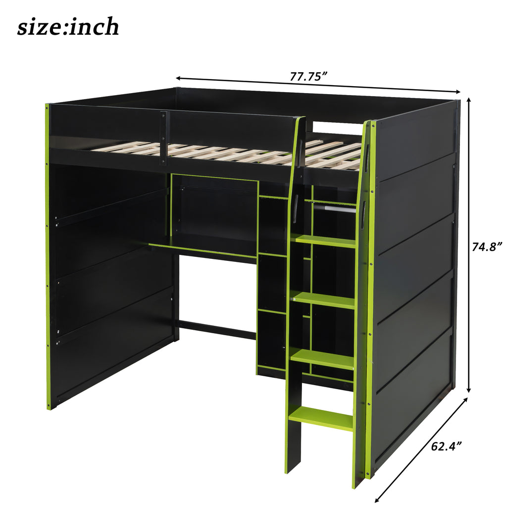 Full Size Gaming Loft Bed with Desk, LED Lights & Open Wardrobe, Space-Saving Loft Bed for Gamers & Small Rooms
