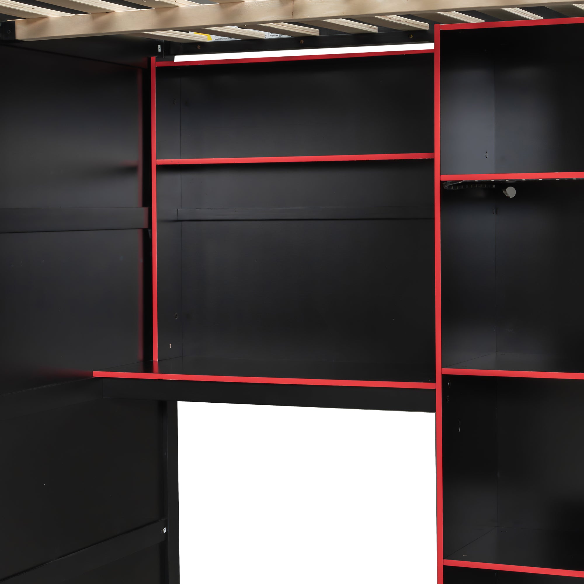 Full Size Gaming Loft Bed with Desk, LED Lights & Open Wardrobe, Space-Saving Loft Bed for Gamers & Small Rooms