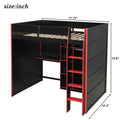 Full Size Gaming Loft Bed with Desk, LED Lights & Open Wardrobe, Space-Saving Loft Bed for Gamers & Small Rooms