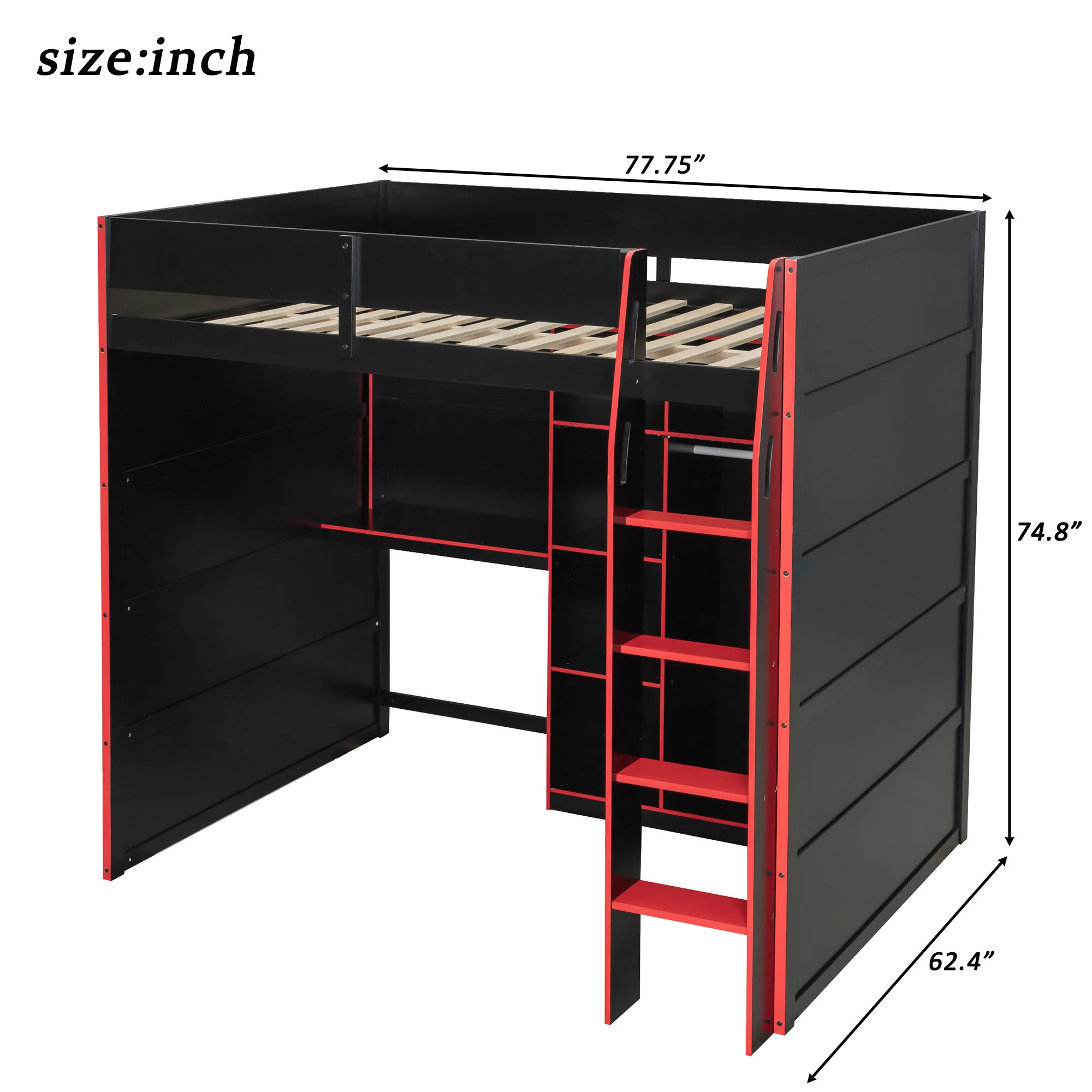 Full Size Gaming Loft Bed with Desk, LED Lights & Open Wardrobe, Space-Saving Loft Bed for Gamers & Small Rooms