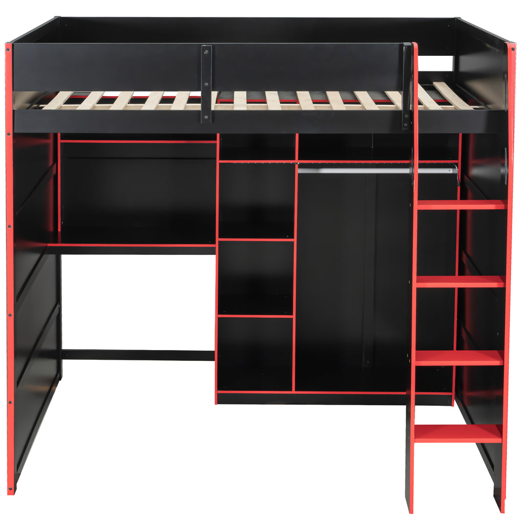Full Size Gaming Loft Bed with Desk, LED Lights & Open Wardrobe, Space-Saving Loft Bed for Gamers & Small Rooms