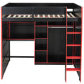 Full Size Gaming Loft Bed with Desk, LED Lights & Open Wardrobe, Space-Saving Loft Bed for Gamers & Small Rooms