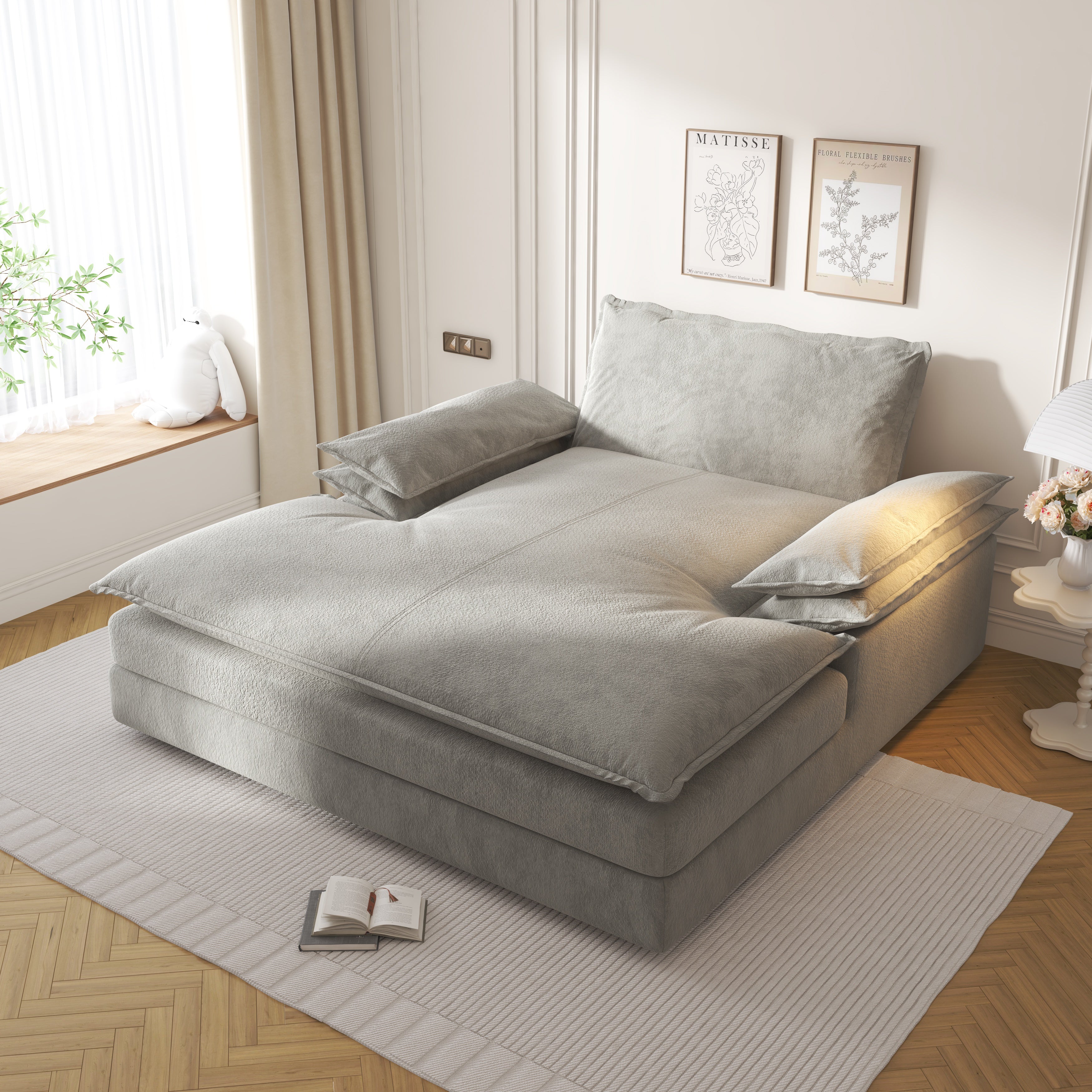 GDFStudio Keene Oversized Chenille Upholstered Double Chaise Lounge with Detachable Cover Design, Gray