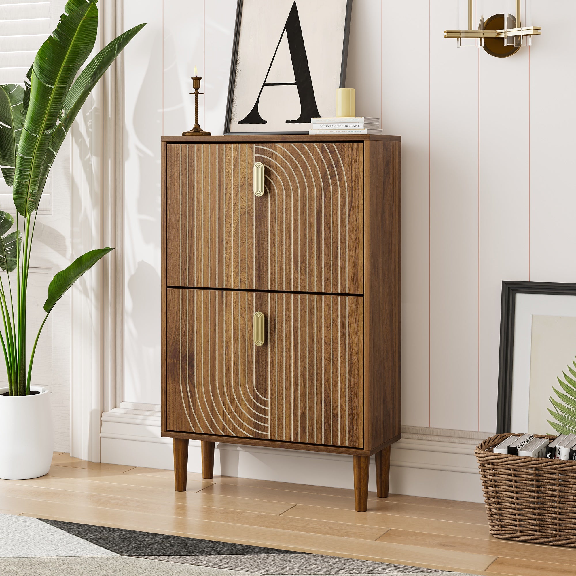 GDFStudio Mid-Century Modern Shoe Storage Cabinet with 2 Flip Doors and Metal Handles, Brown