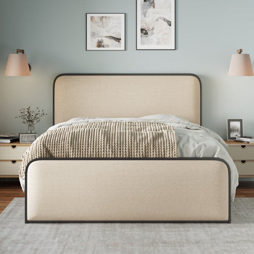 GDFStudio Buck Modern Linen Upholstered Metal Bed Frame with Under-Bed Storage, King