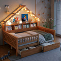 GDFStudio Lincoln Wood Full Size Platform Beds with LED, Storage Shelves, Drawers and Guardrail, Natural