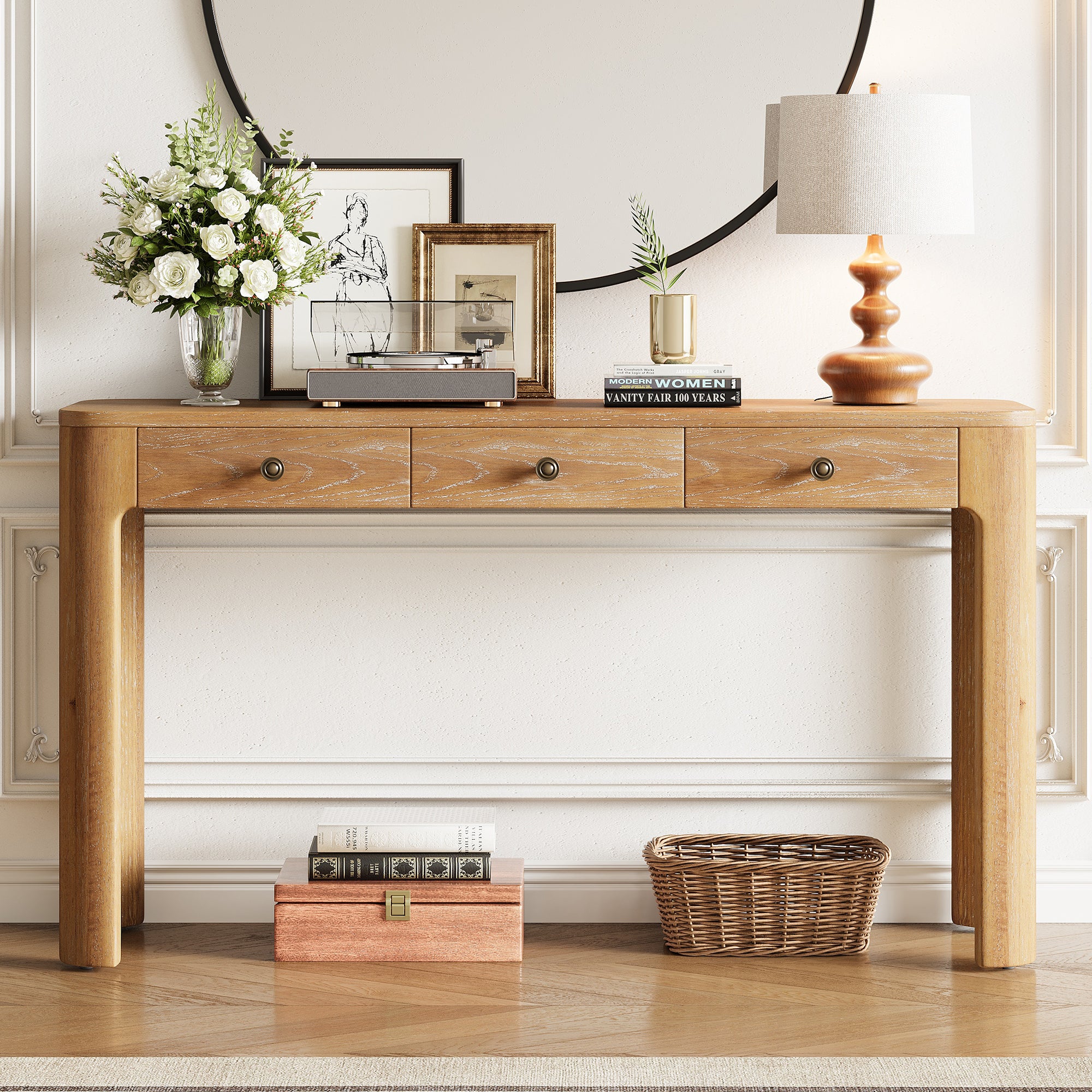 GDFStudio Francis 52¡± Rustic Console Table with Curved Corners and Concealed Drawers, Natural