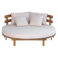 GDFStudio Uma Patio Round Acacia Wood Daybed with Cushions, Pillows and Curved Slatted Backrest, Beige