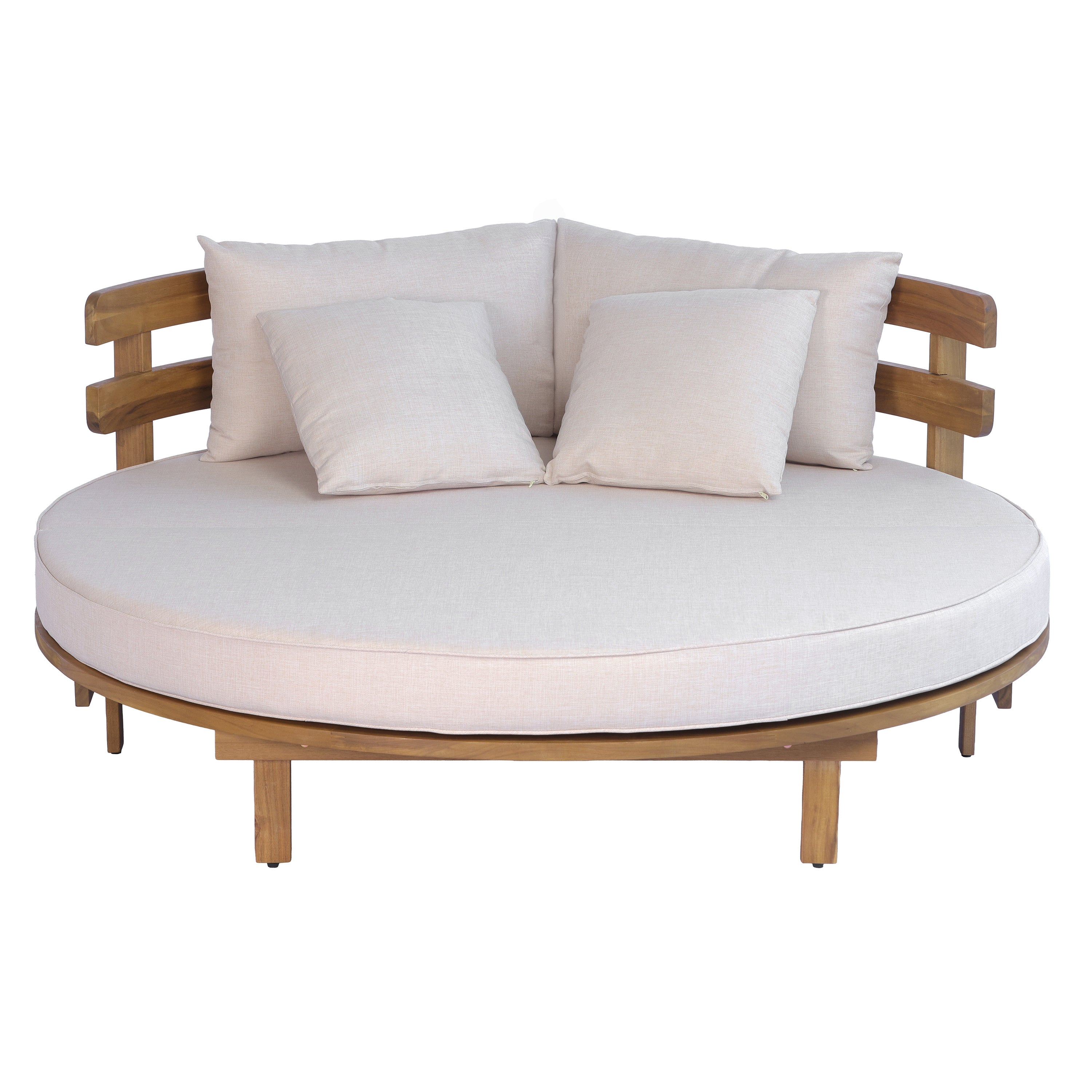 GDFStudio Uma Patio Round Acacia Wood Daybed with Cushions, Pillows and Curved Slatted Backrest, Beige