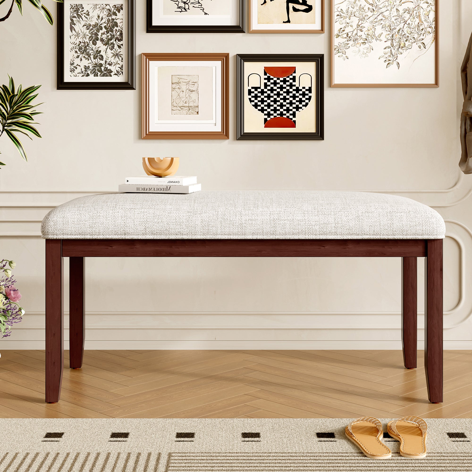 GDFStudio Anthony Upholstered 38" Bench with Padded Seat and Solid Wood Leg, Beige/Cherry