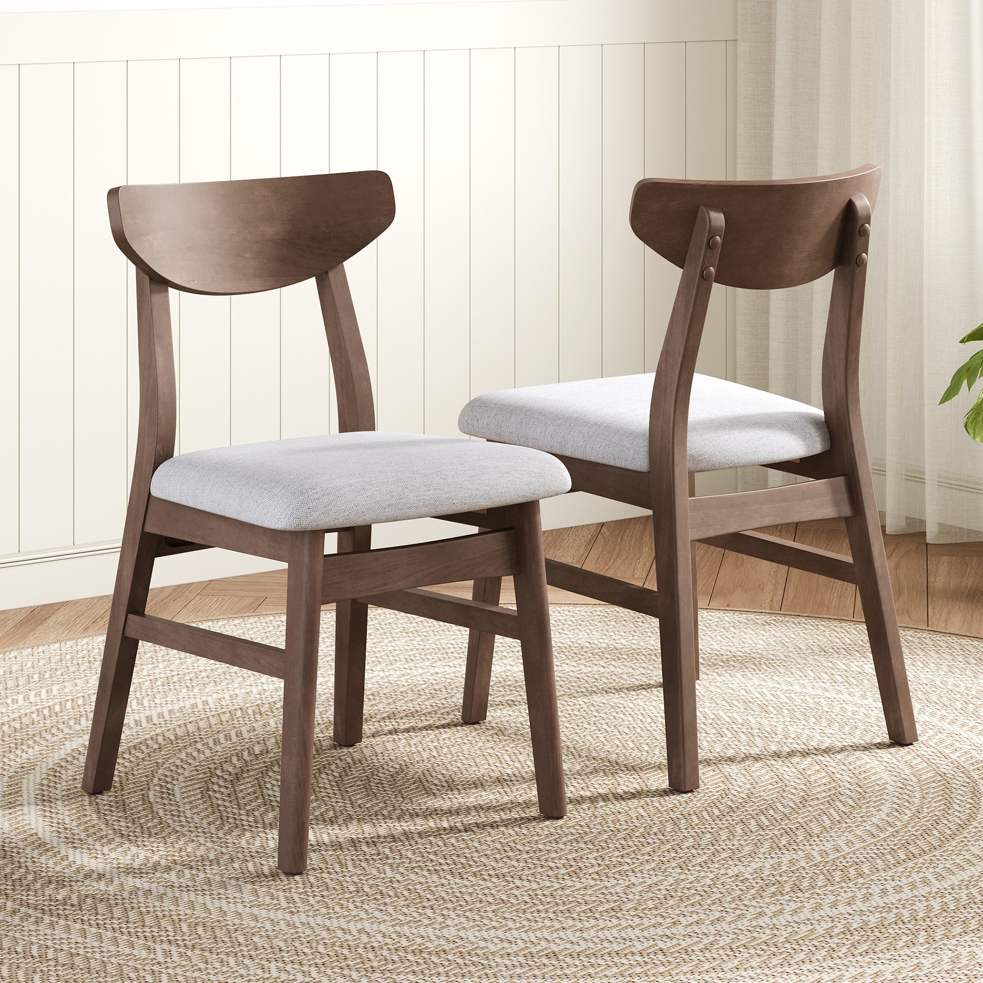 Set of 2 Scandinavian Dining Chairs, Curved Wood Back & Gray Fabric Seat