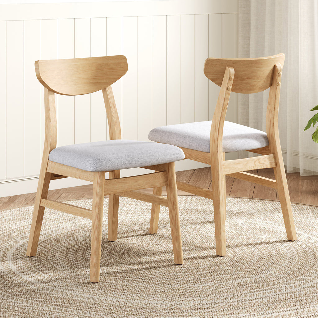 Set of 2 Scandinavian Dining Chairs, Curved Wood Back & Gray Fabric Seat