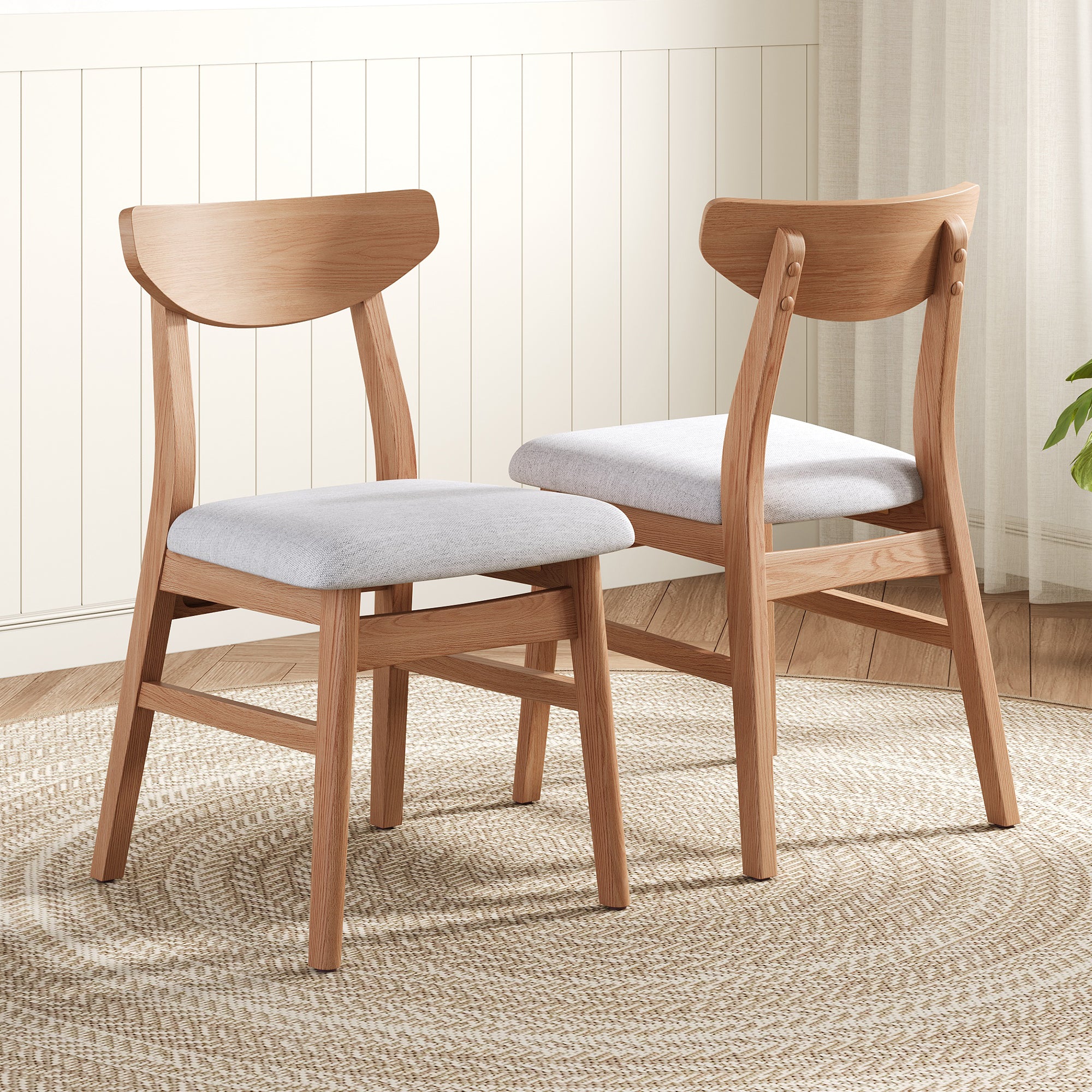 Set of 2 Scandinavian Dining Chairs, Curved Wood Back & Gray Fabric Seat