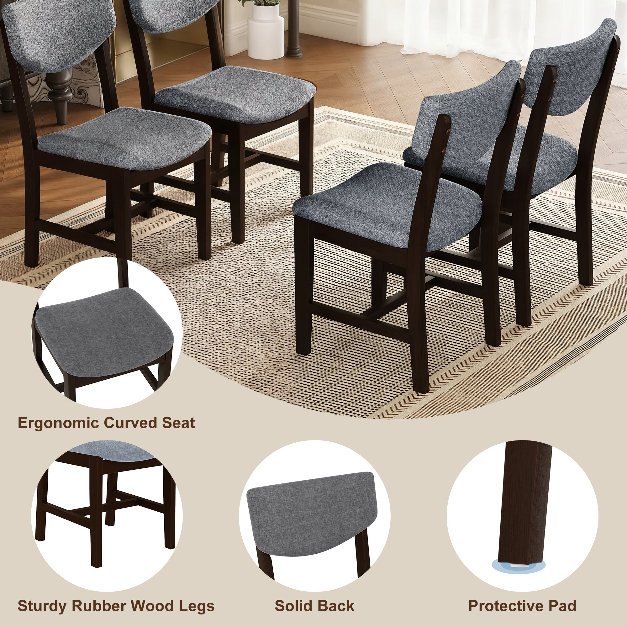 GDF Studio Upholstered Wood Dining Chair with Padded Seat, Gray Fabric Kitchen Chair