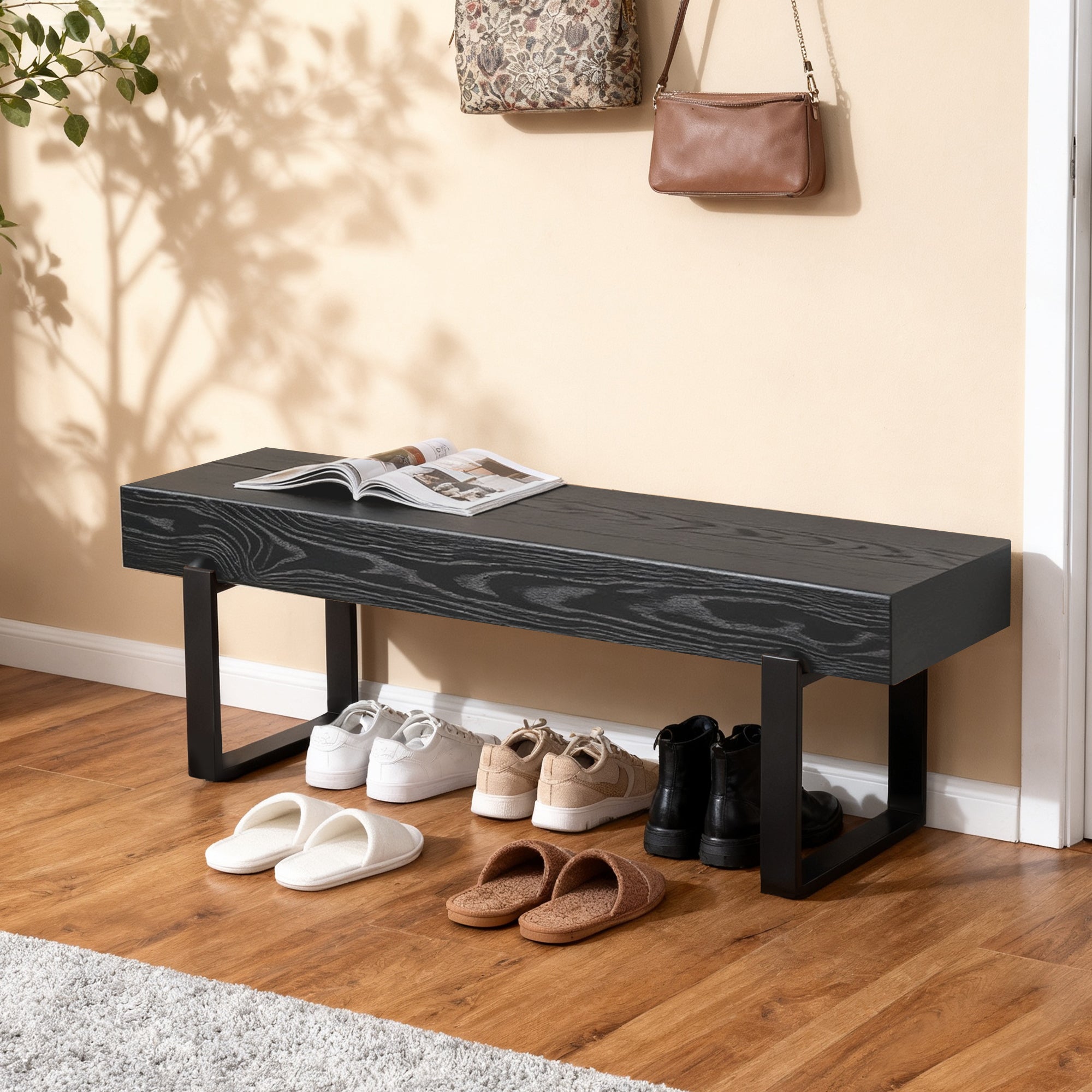 Modern Black Entryway Bench with Metal Legs, MDF Seat Shoe Bench for Bedroom, Dining Room & Hallway