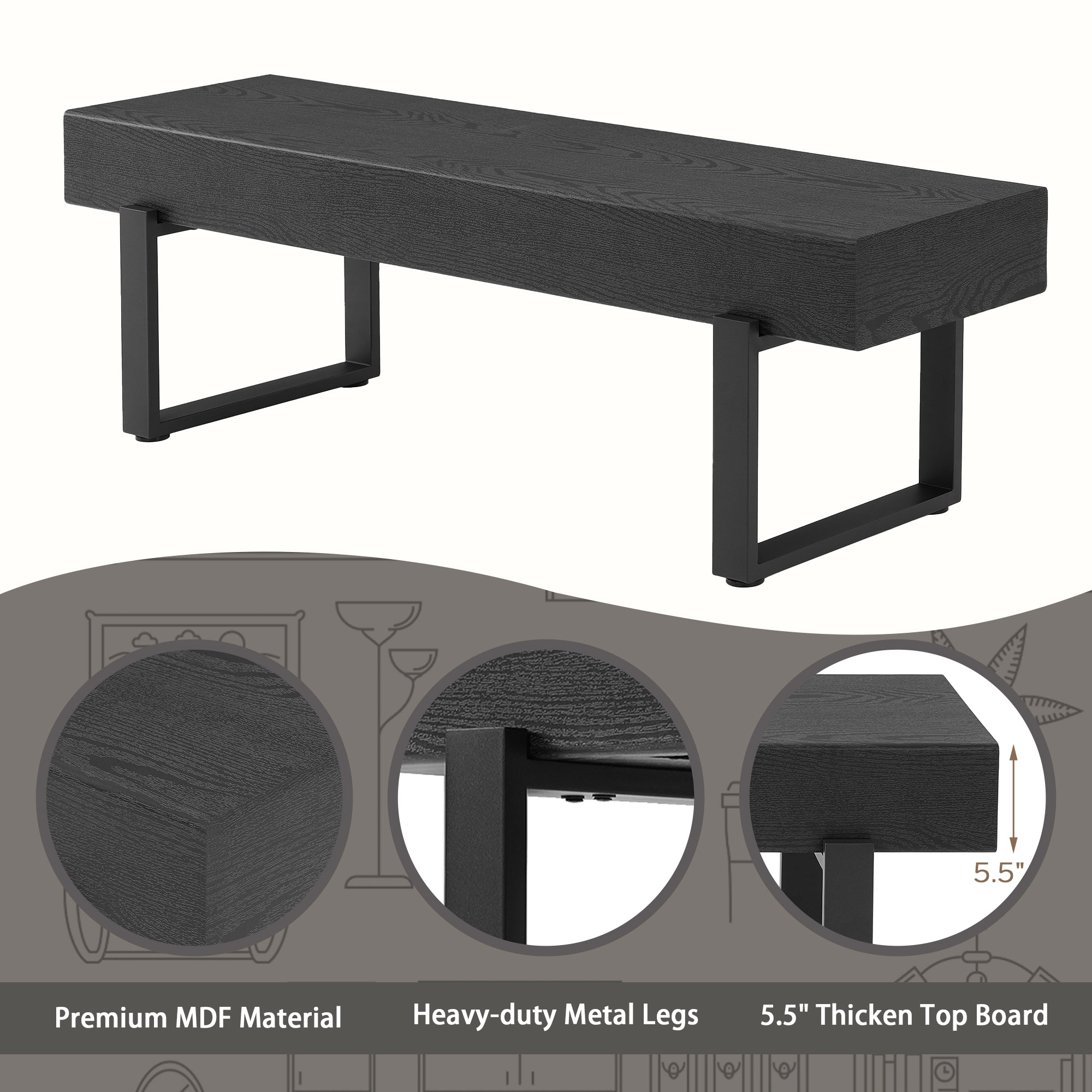 Modern Black Entryway Bench with Metal Legs, MDF Seat Shoe Bench for Bedroom, Dining Room & Hallway