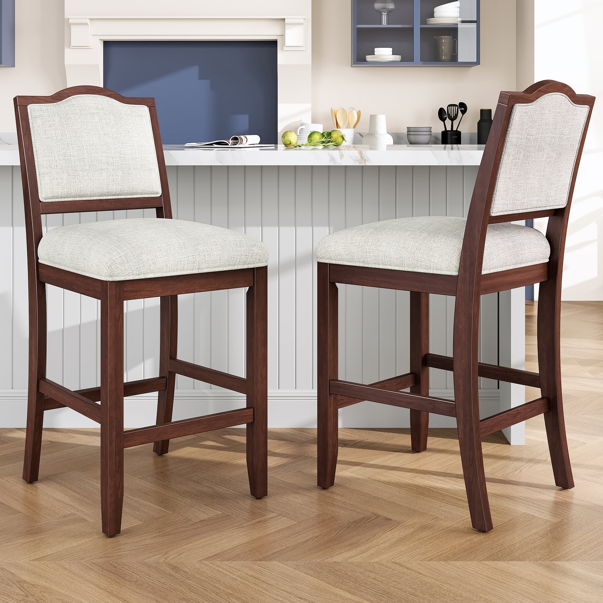 GDFStudio Franklin Counter Stools with Rubber Wood Frame, Ergonomic Backrest (Set of 2), Cherry