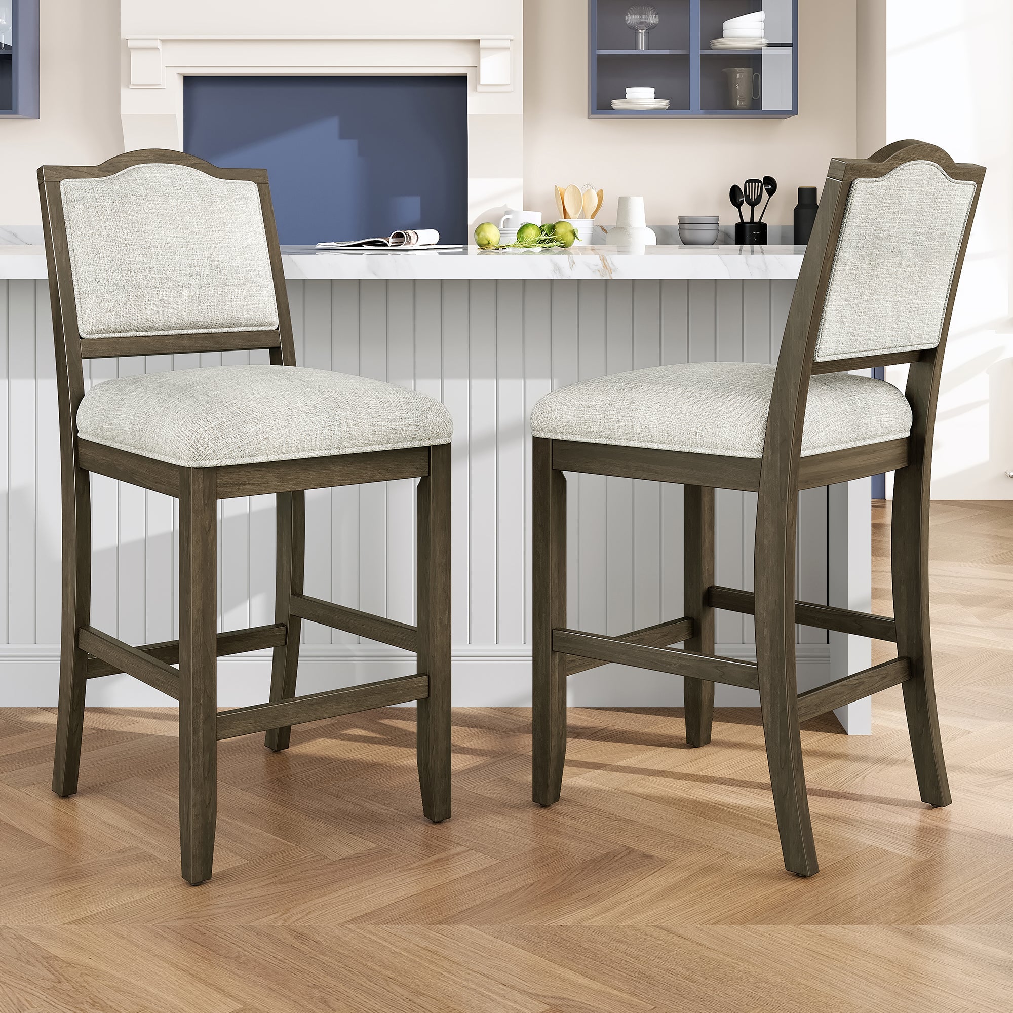 Upholstered Counter Height Bar Stools Set of 2, Solid Wood Frame with Fabric Seat & Back