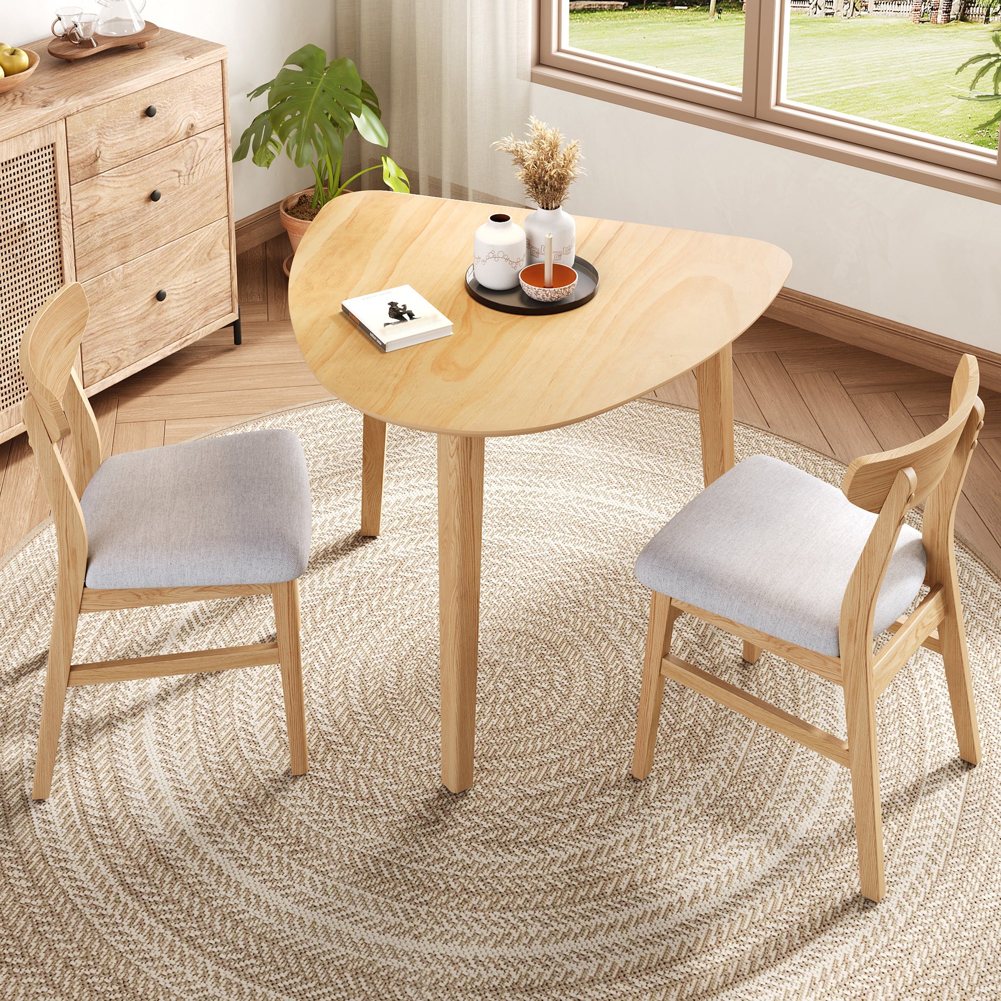 GDF Studio 3-Piece Solid Wood Dining Set with Triangular Table, Scandinavian Small Space Table & Chairs
