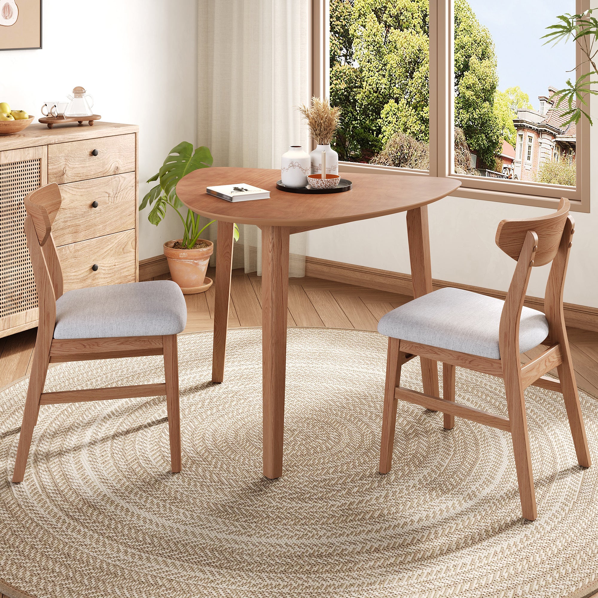 GDF Studio 3-Piece Solid Wood Dining Set with Triangular Table, Scandinavian Small Space Table & Chairs