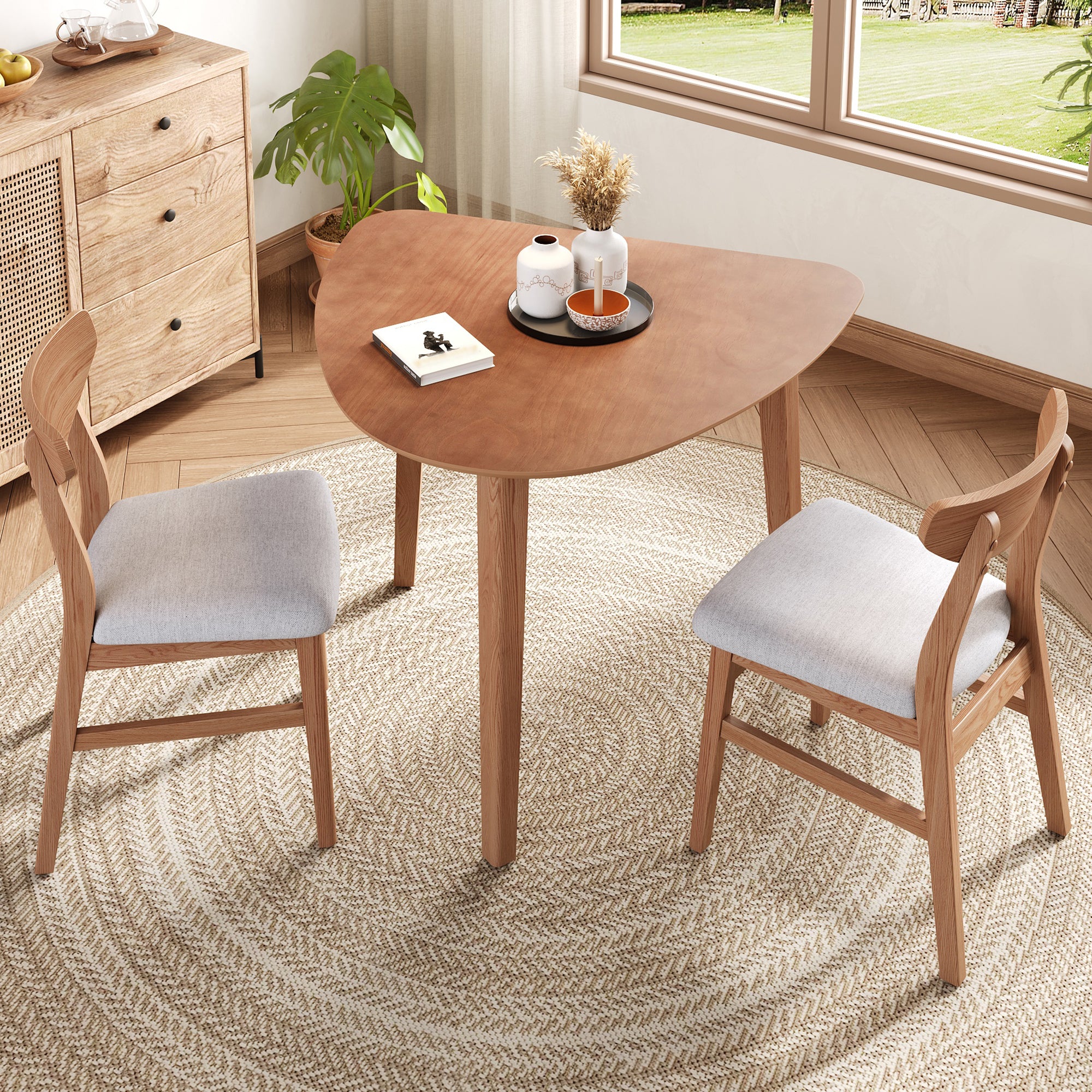 GDF Studio 3-Piece Solid Wood Dining Set with Triangular Table, Scandinavian Small Space Table & Chairs