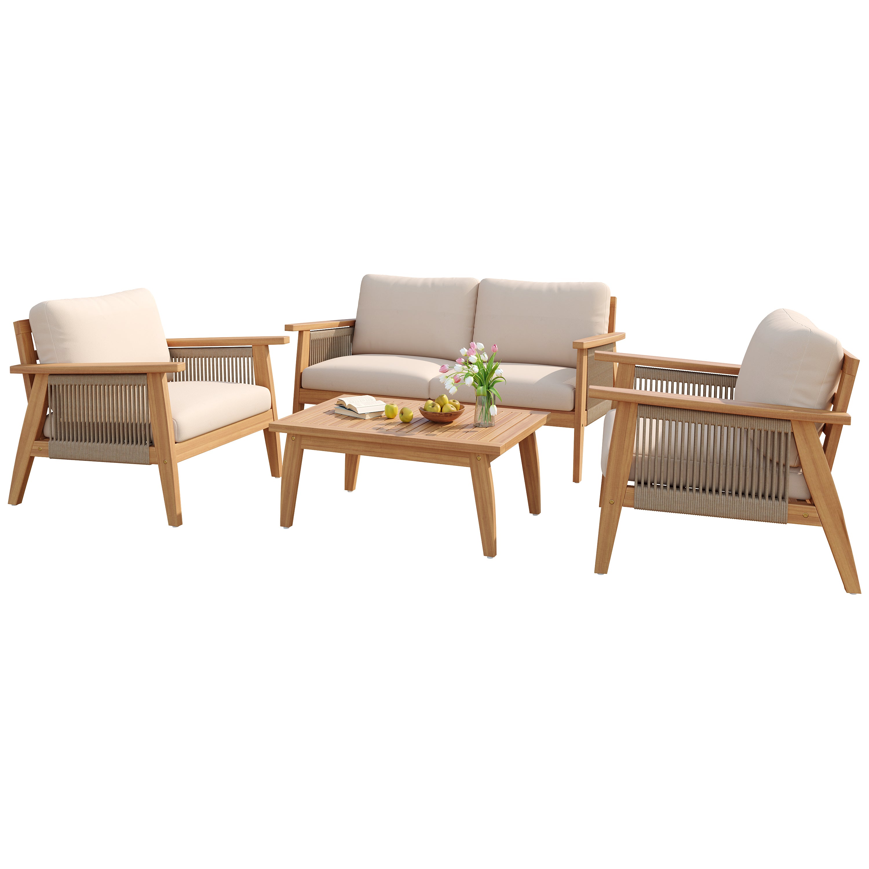 Christopher Knight Home Tariq Outdoor 4 Pieces Rustic Acacia Wood and Rope Seating Set with Cushion, Teak/Beige