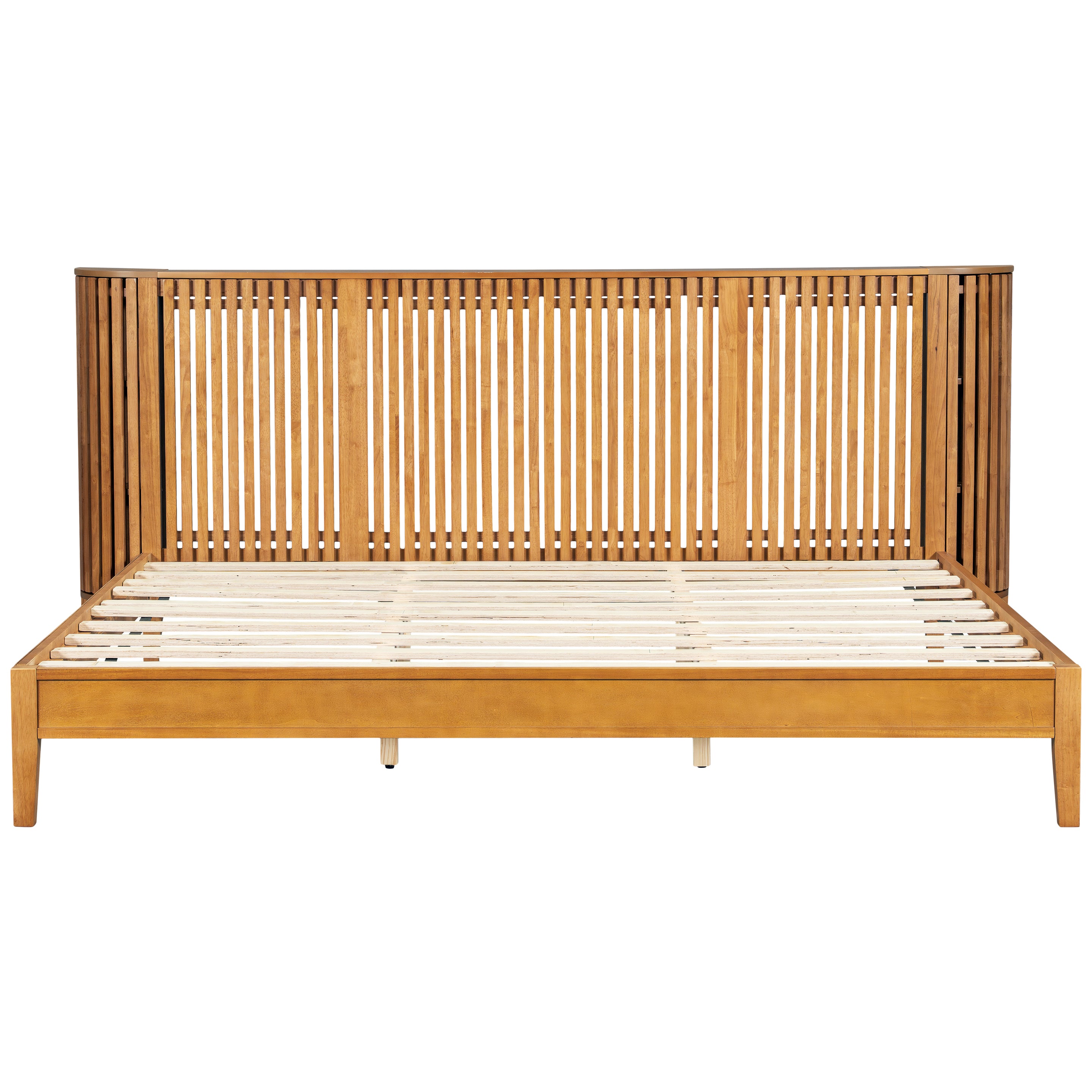 Christopher Knight Home Lennon Mid-Century Modern Bed with Slatted Headboard and Built-in Side Storages ,King, Natural