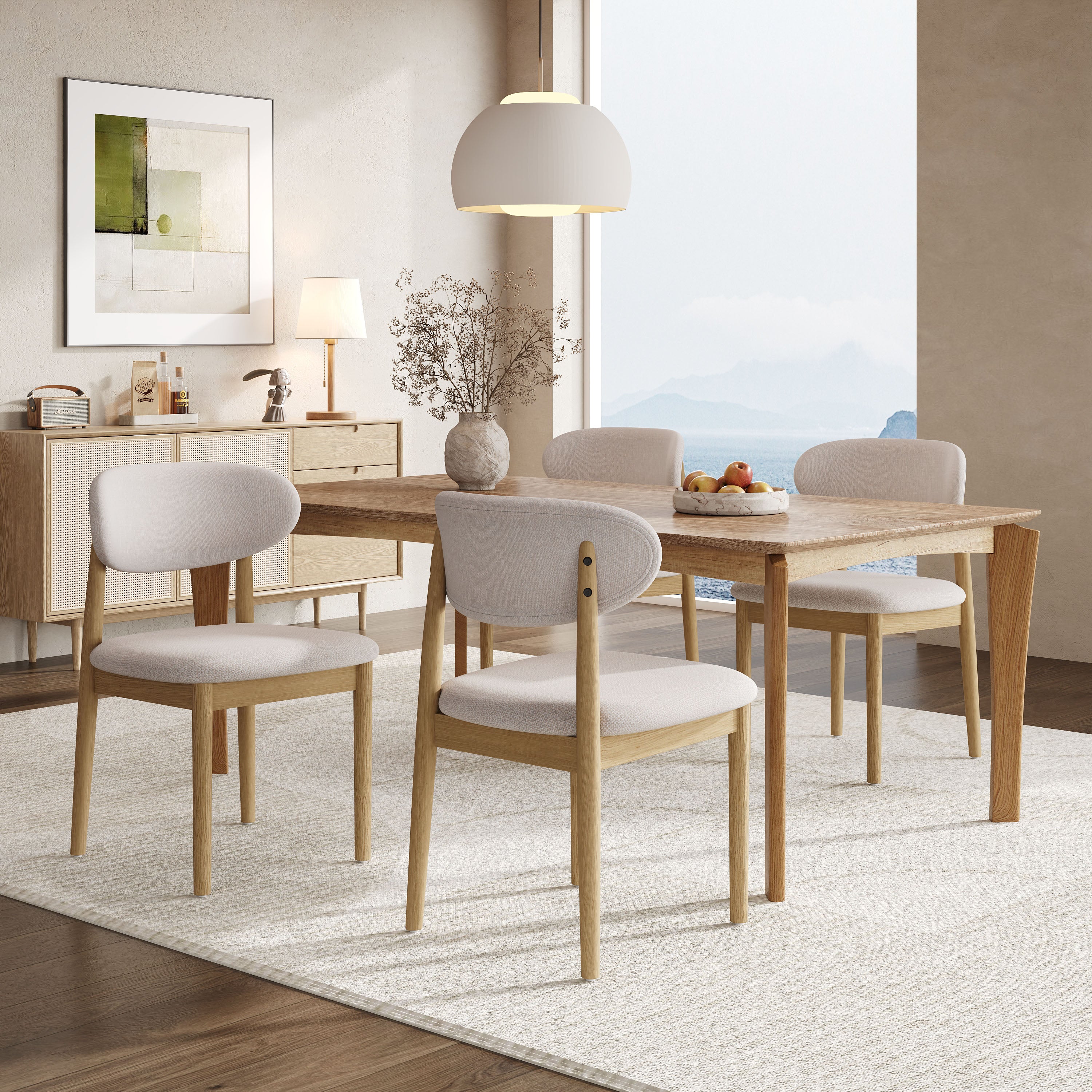 Christopher Knight Home Bulwarth Mid-Century Modern Rubberwood Upholstered Dining Chair with Curved Back (Set of 4), Natural/Beige