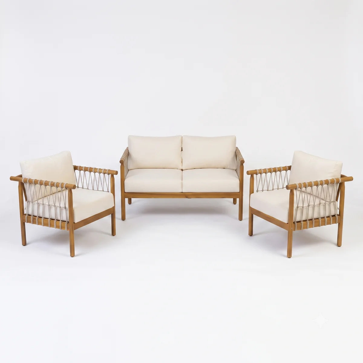 Christopher Knight Home Sienna Patio Coastal 3-Piece Acacia Wood Conversation Set with Woven Rope and Cushions, Teak