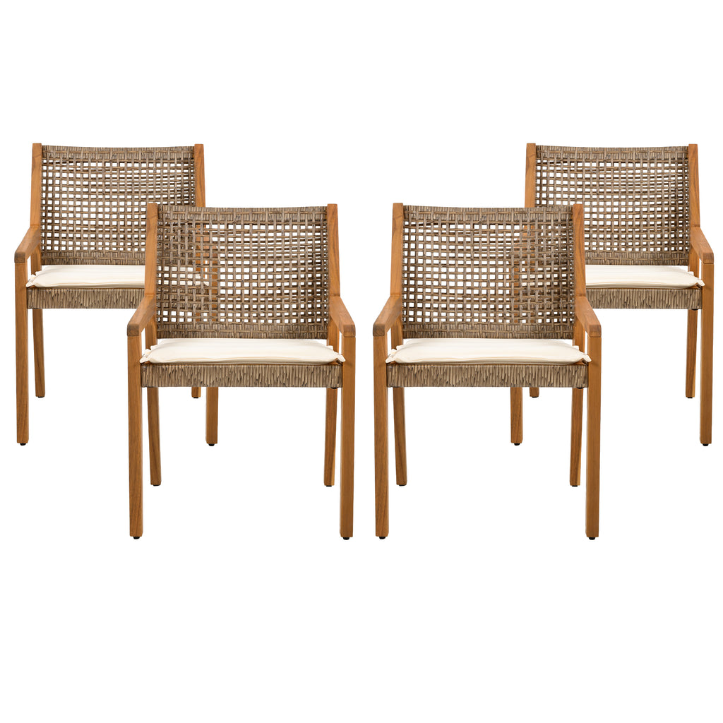 Christopher Knight Home Preston Patio Modern Acacia Wood 5-Piece Dining Set with 4 Wicker Dining Chairs, Light Teak/Cream