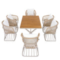 Christopher Knight Home Hudson Modern Coastal 7-Piece Outdoor Dining Set with Acacia Wood Table, Wicker Armchairs and Cushions, Teak/Beige