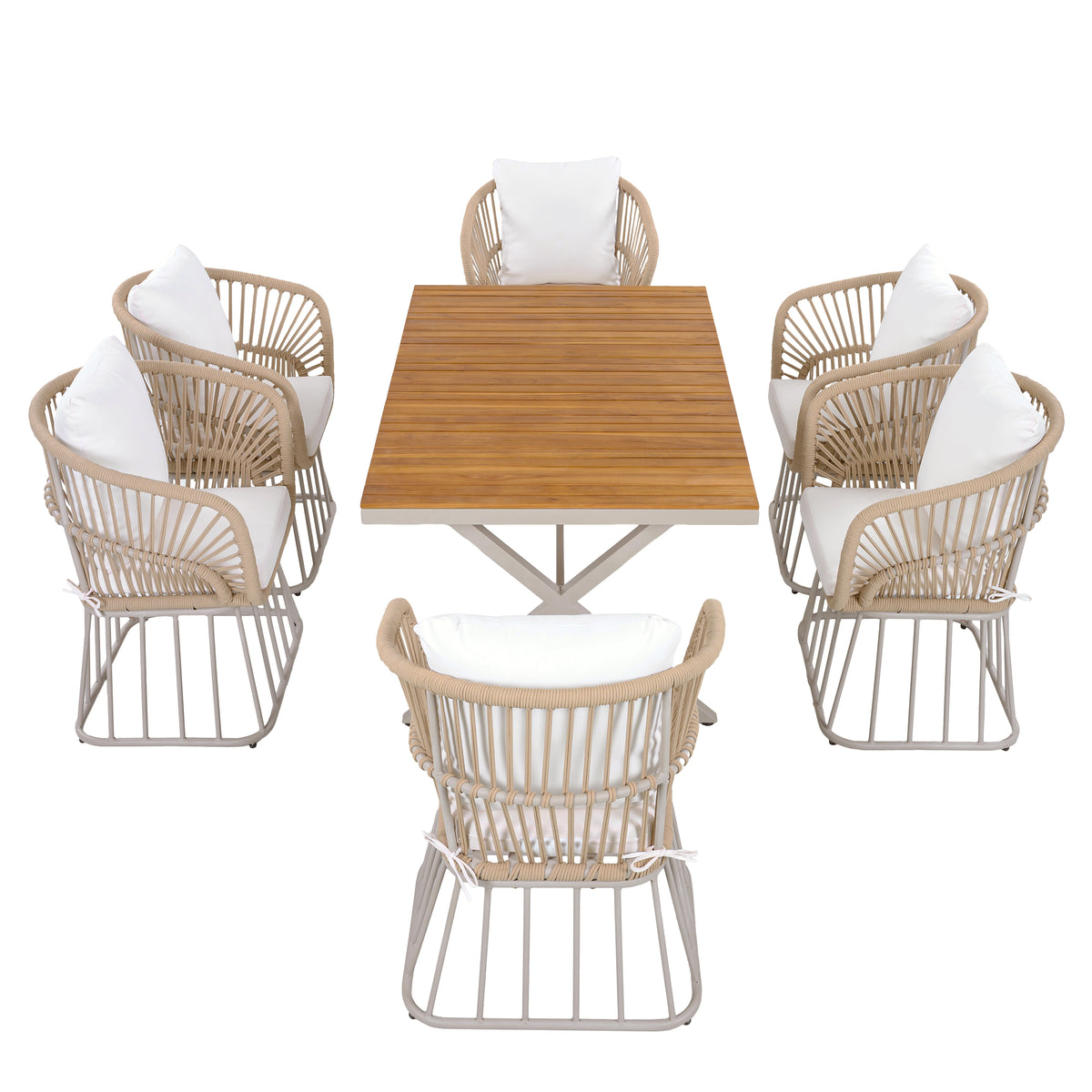 Christopher Knight Home Hudson Modern Coastal 7-Piece Outdoor Dining Set with Acacia Wood Table, Wicker Armchairs and Cushions, Teak/Beige