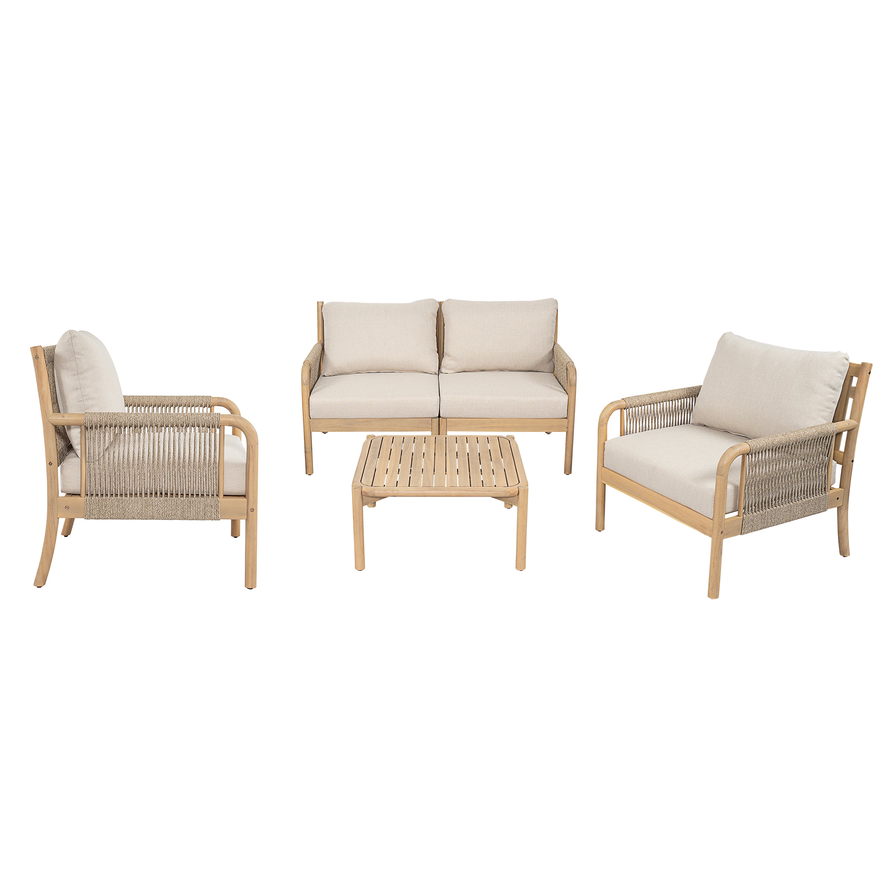 Christopher Knight Home Anil 5 Piece Patio Acacia Wood and Rope Seating Set with Slatted Table, Light Teak/Beige