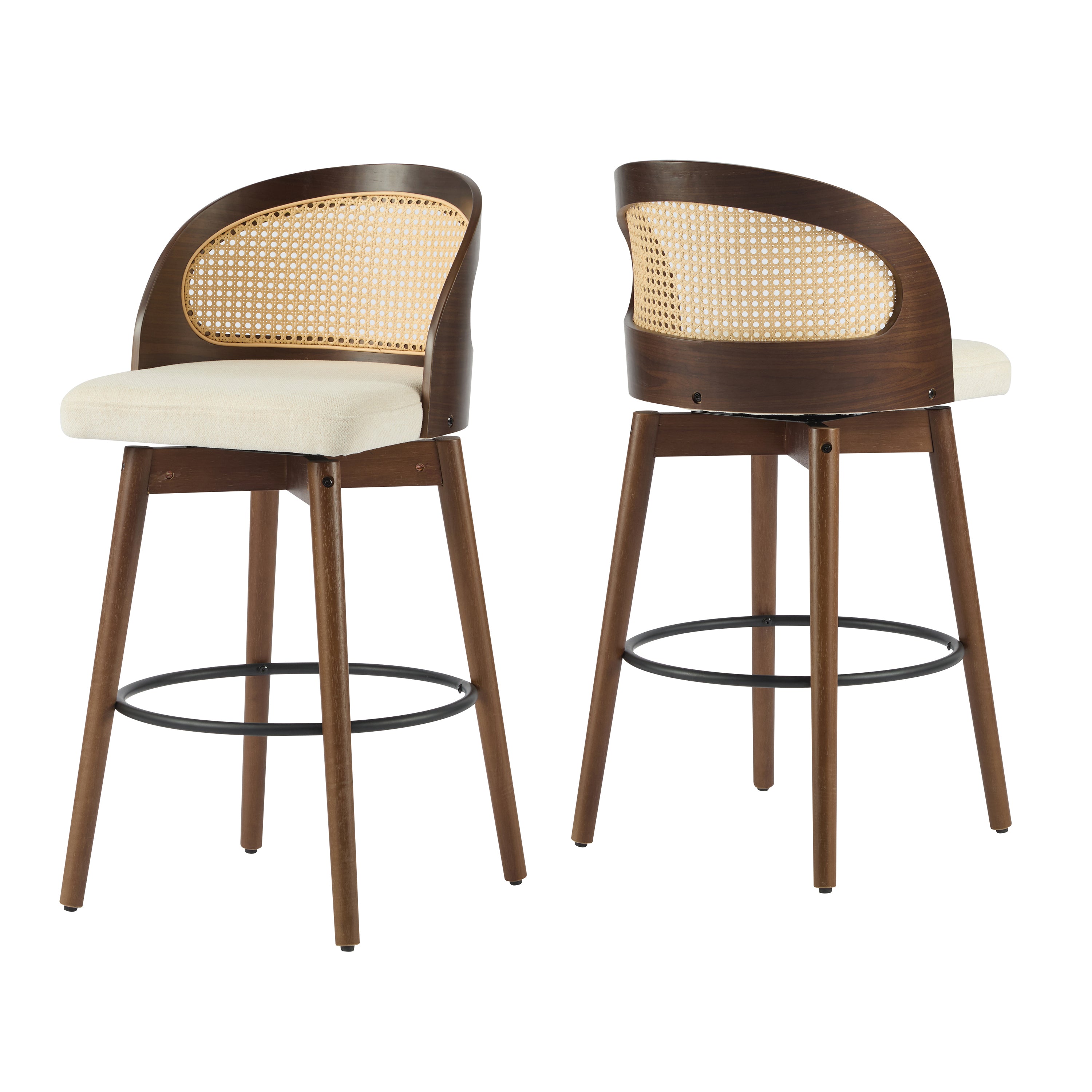 Christopher Knight Home Ovid Contemporary Rattan and Rubberwood Faux Leather Barstools (Set of 2), Beige/Walnut
