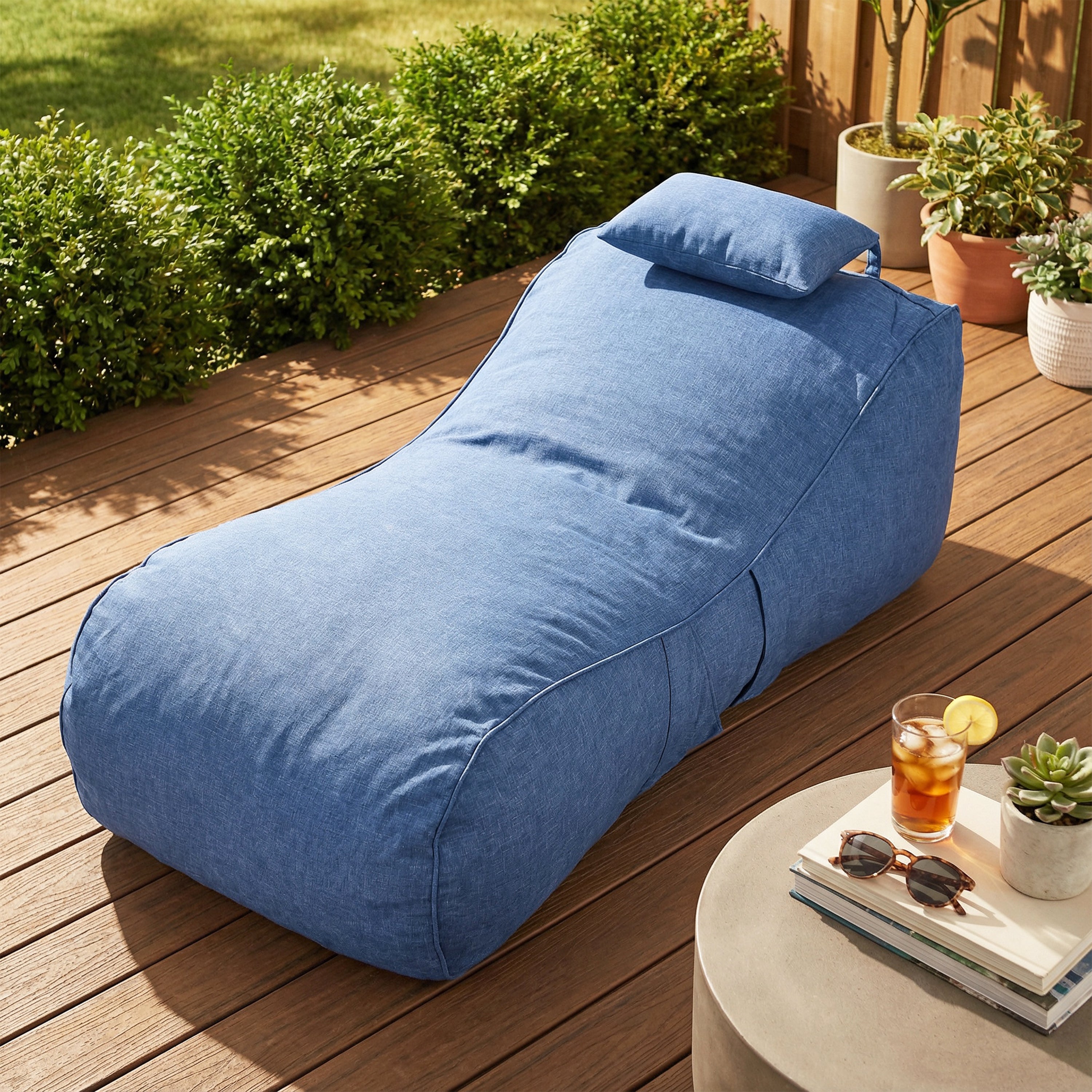 Outdoor Bean Bag Lounge Chair with Headrest, Ergonomic Shredded Foam Patio Lounger, Weather-Resistant Beige Bean Bag Sofa