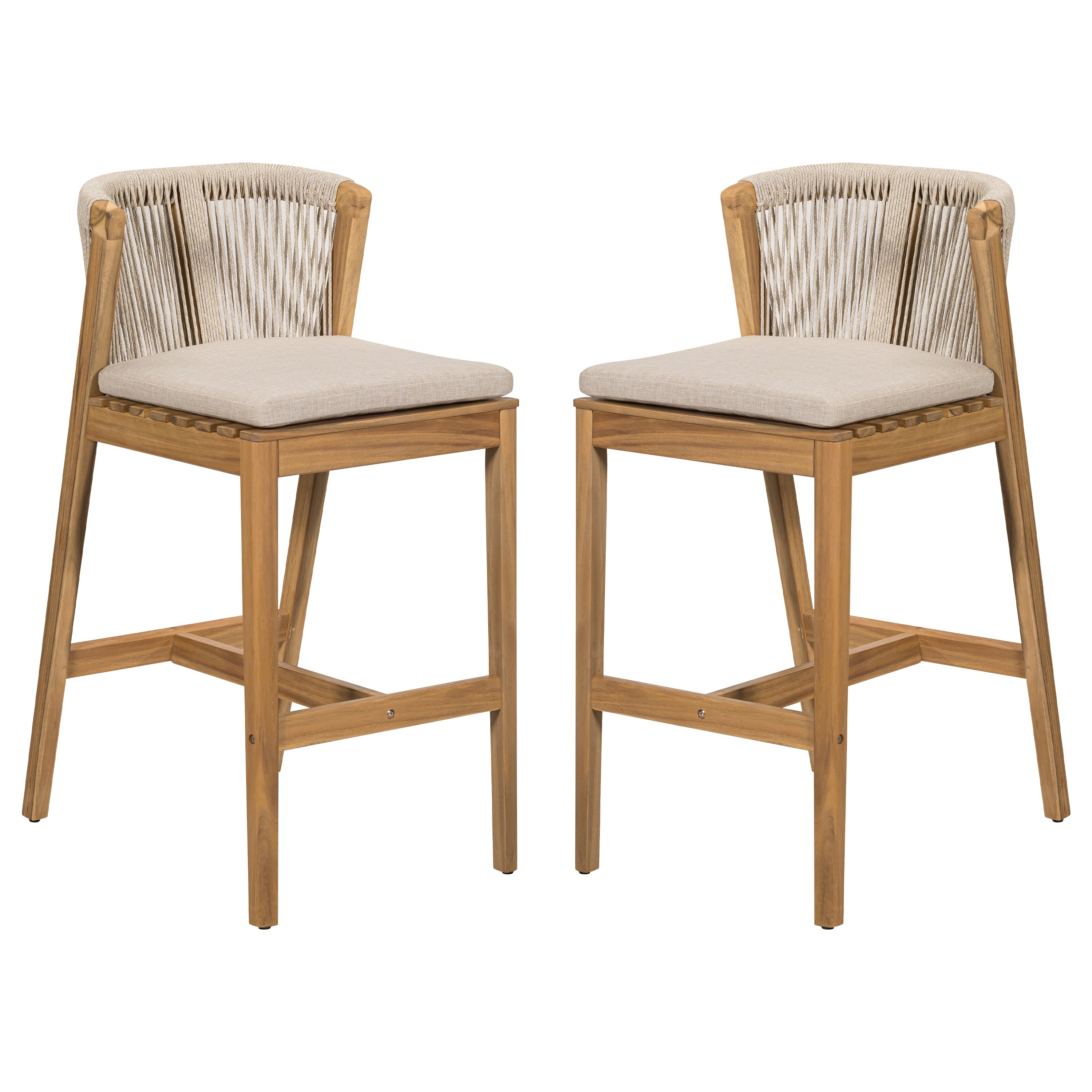 Christopher Knight Home Arlost Outdoor Acacia Wood Barstool with Woven Rope Backrest and Cushion (Set of 2), Teak/Beige