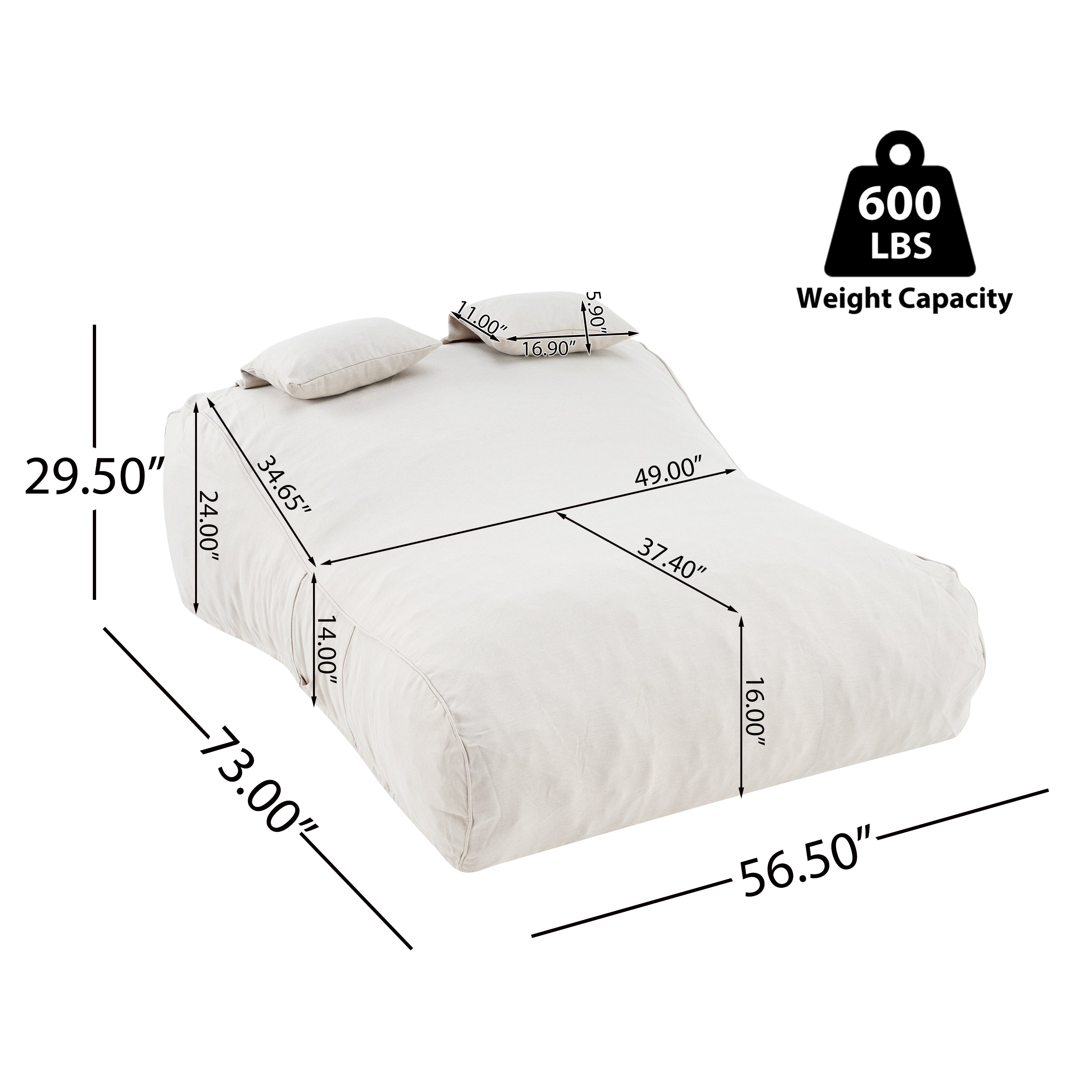 Outdoor Double Bean Bag Daybed, UV-Resistant Olefin Fabric Patio Lounge Chair, Waterproof 2-Person Bean Bag Sofa