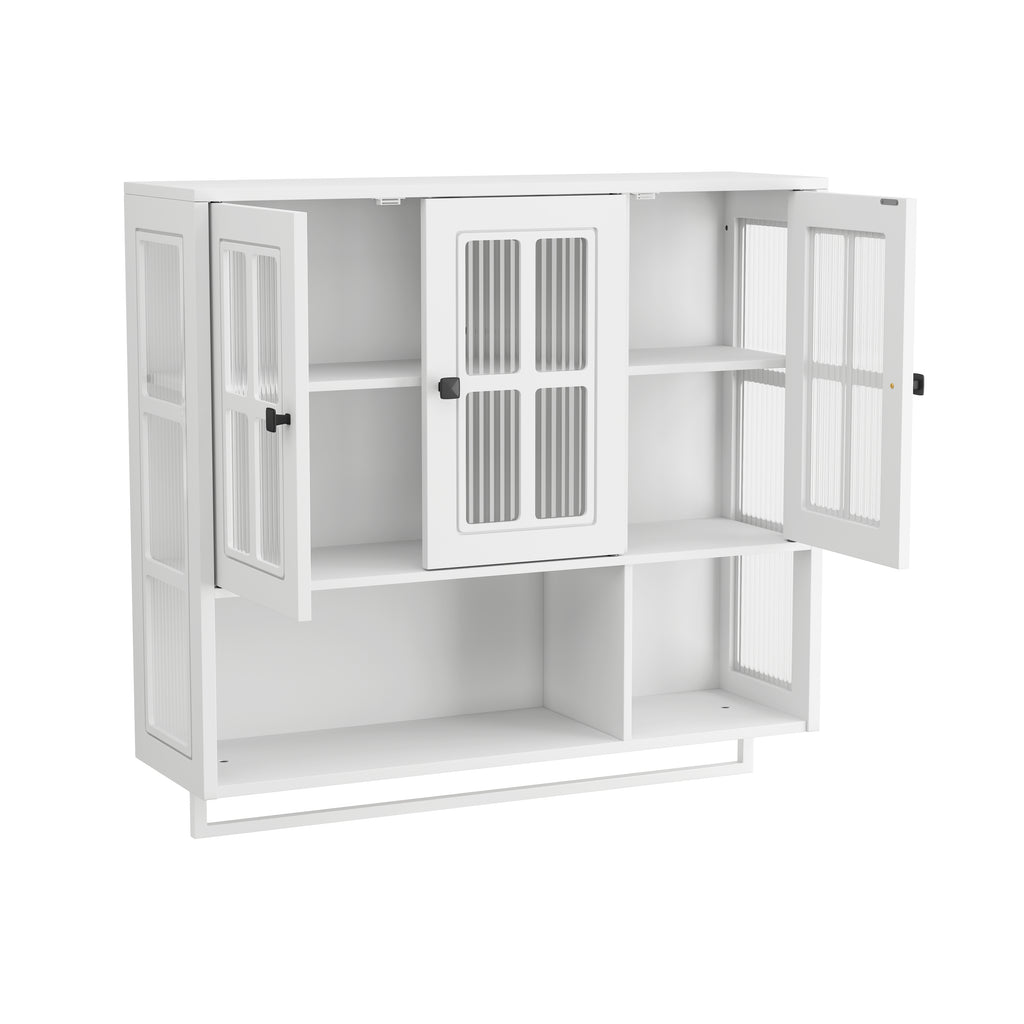 GDFStudio Kaelith 34.65'' Modern Rubberwood Bathroom Wall Cabinet with 3 Glass Doors, Storage Compartments and Towel Bar, White