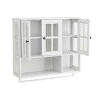 GDFStudio Kaelith 34.65'' Modern Rubberwood Bathroom Wall Cabinet with 3 Glass Doors, Storage Compartments and Towel Bar, White