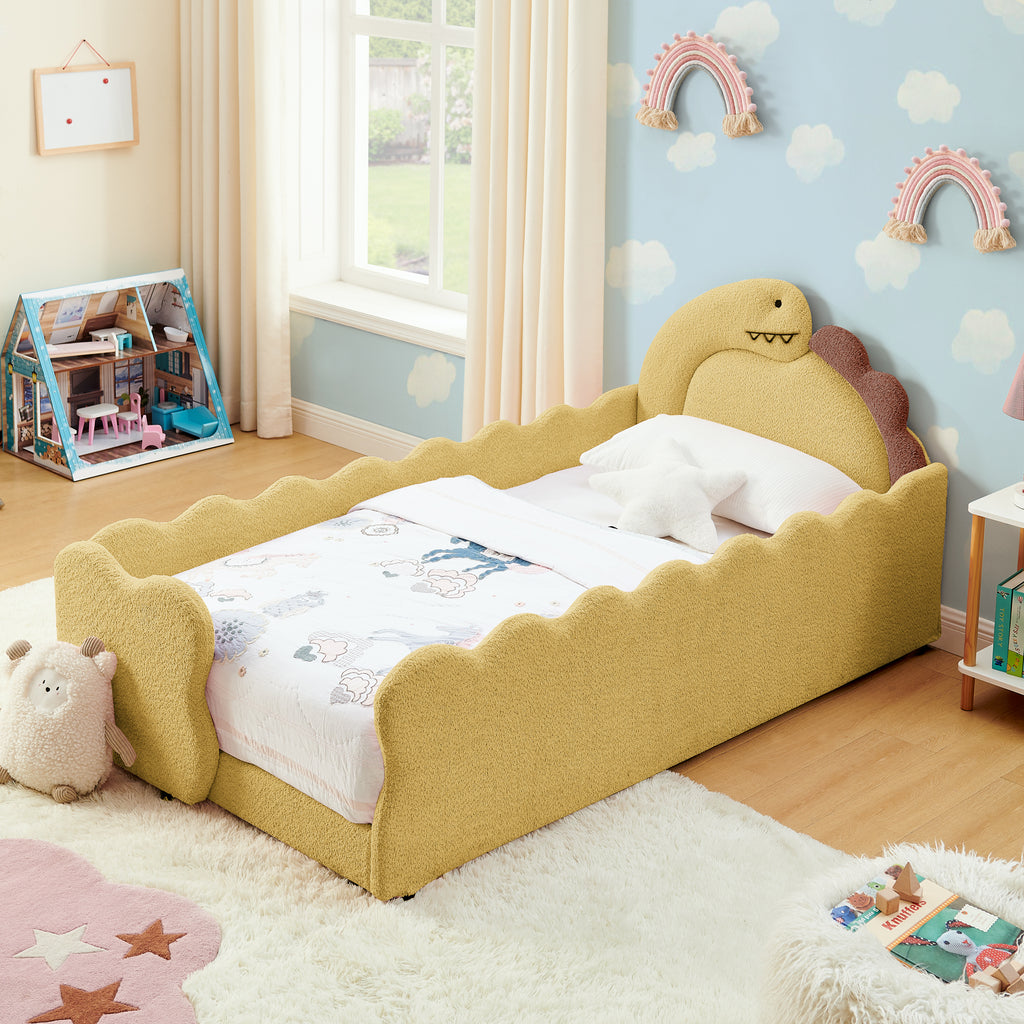 GDFStudio Verena Twin Size Cute Dinosaur-Shaped Kids Upholstered Bed with Guardrails, Yellow