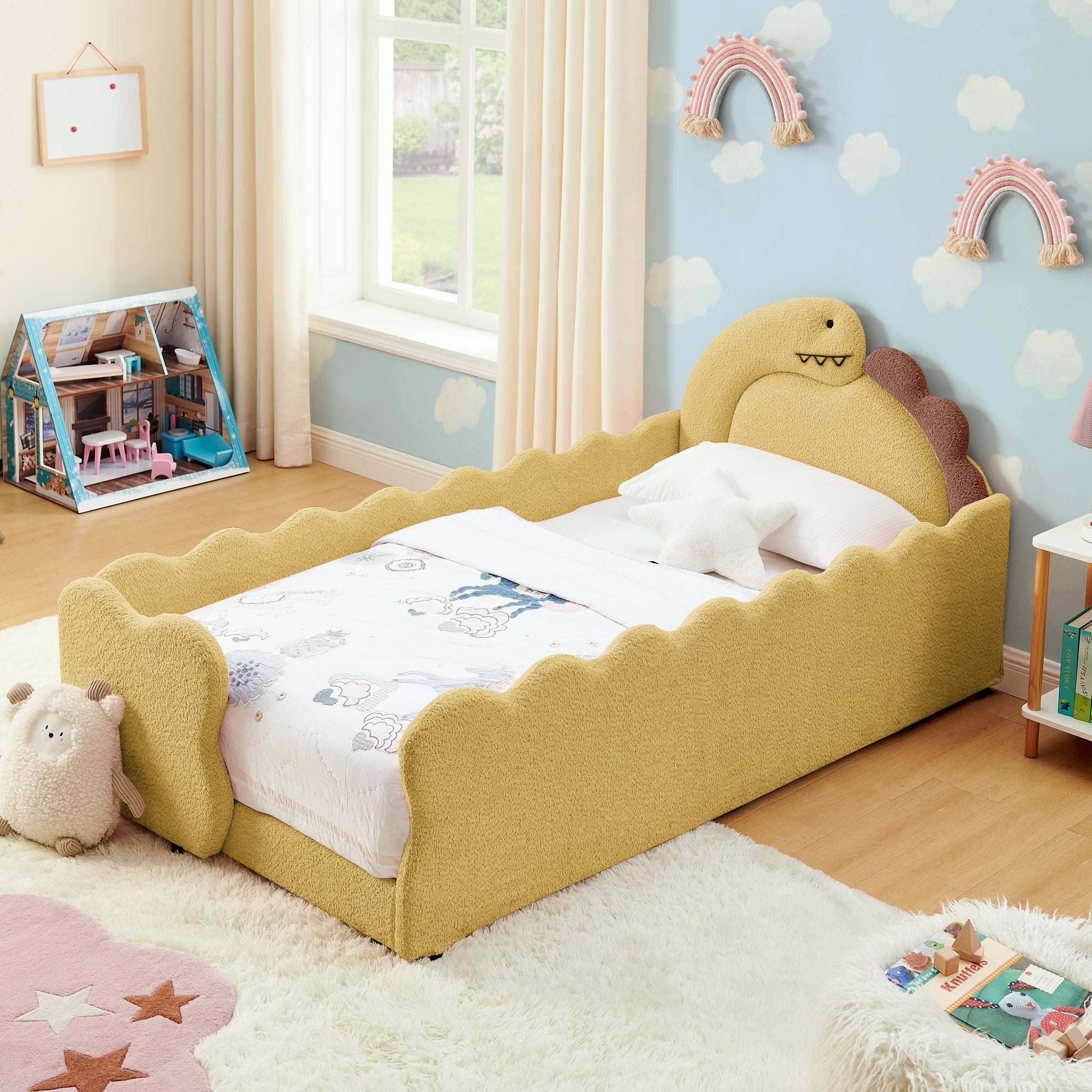 GDFStudio Verena Twin Size Cute Dinosaur-Shaped Kids Upholstered Bed with Guardrails, Yellow