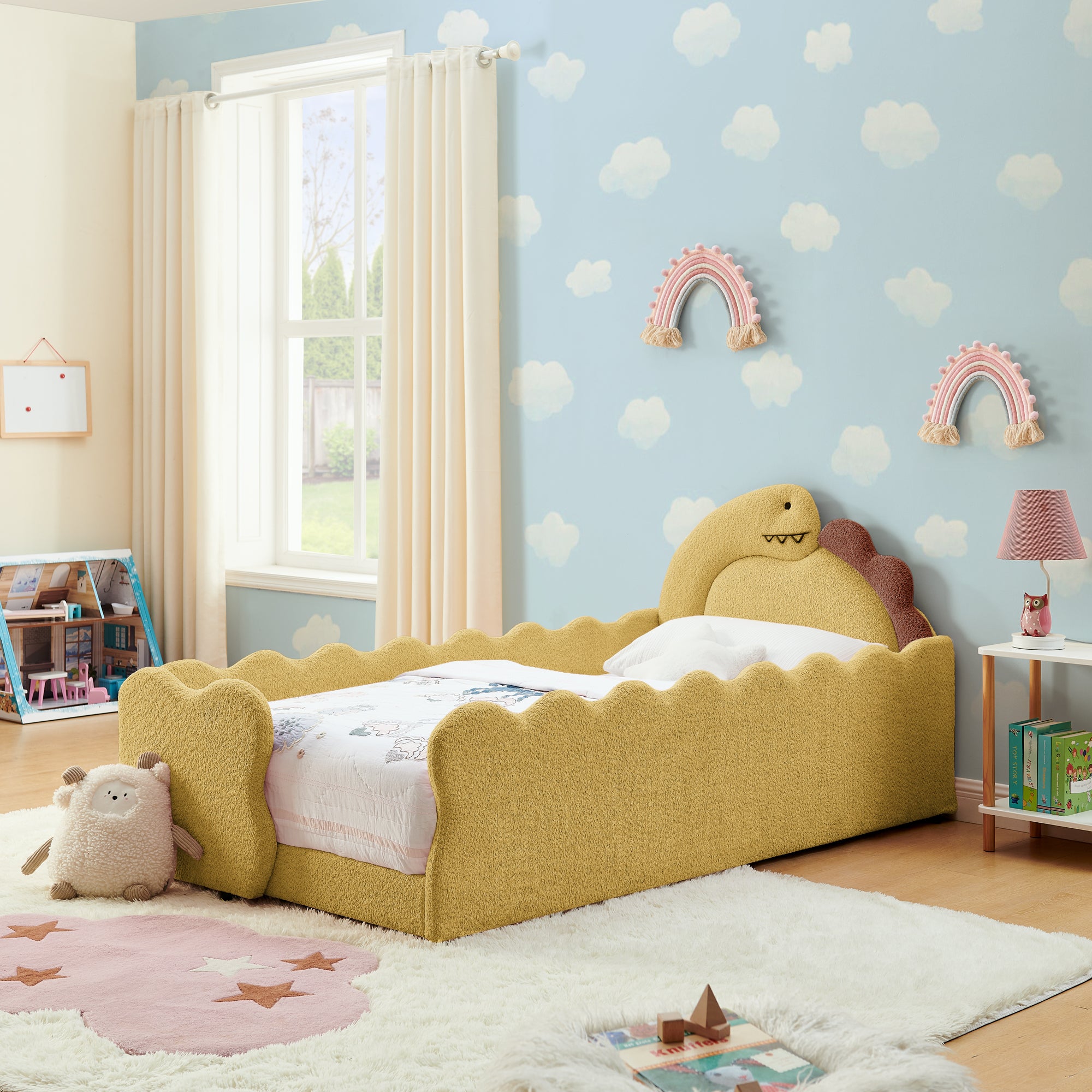 GDFStudio Verena Twin Size Cute Dinosaur-Shaped Kids Upholstered Bed with Guardrails, Yellow