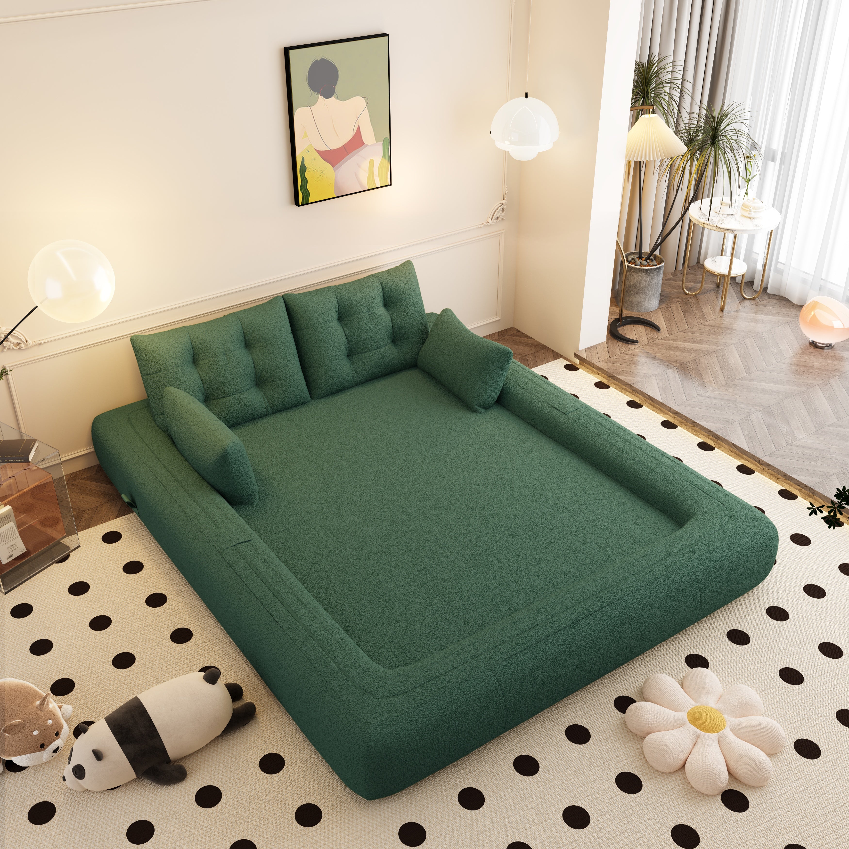 GDFStudio Jeff 78.7" Multi-Functional Teddy Convertible Queen Size Sofa Bed, Green