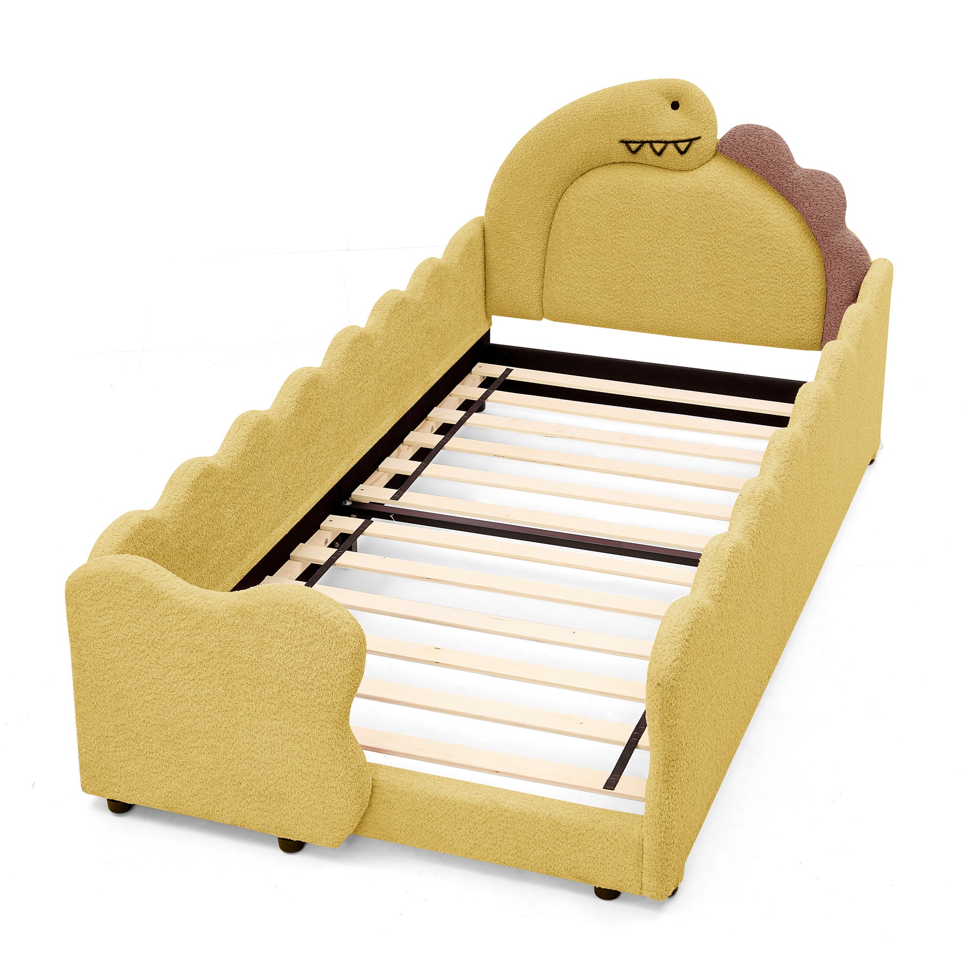 GDFStudio Verena Twin Size Cute Dinosaur-Shaped Kids Upholstered Bed with Guardrails, Yellow