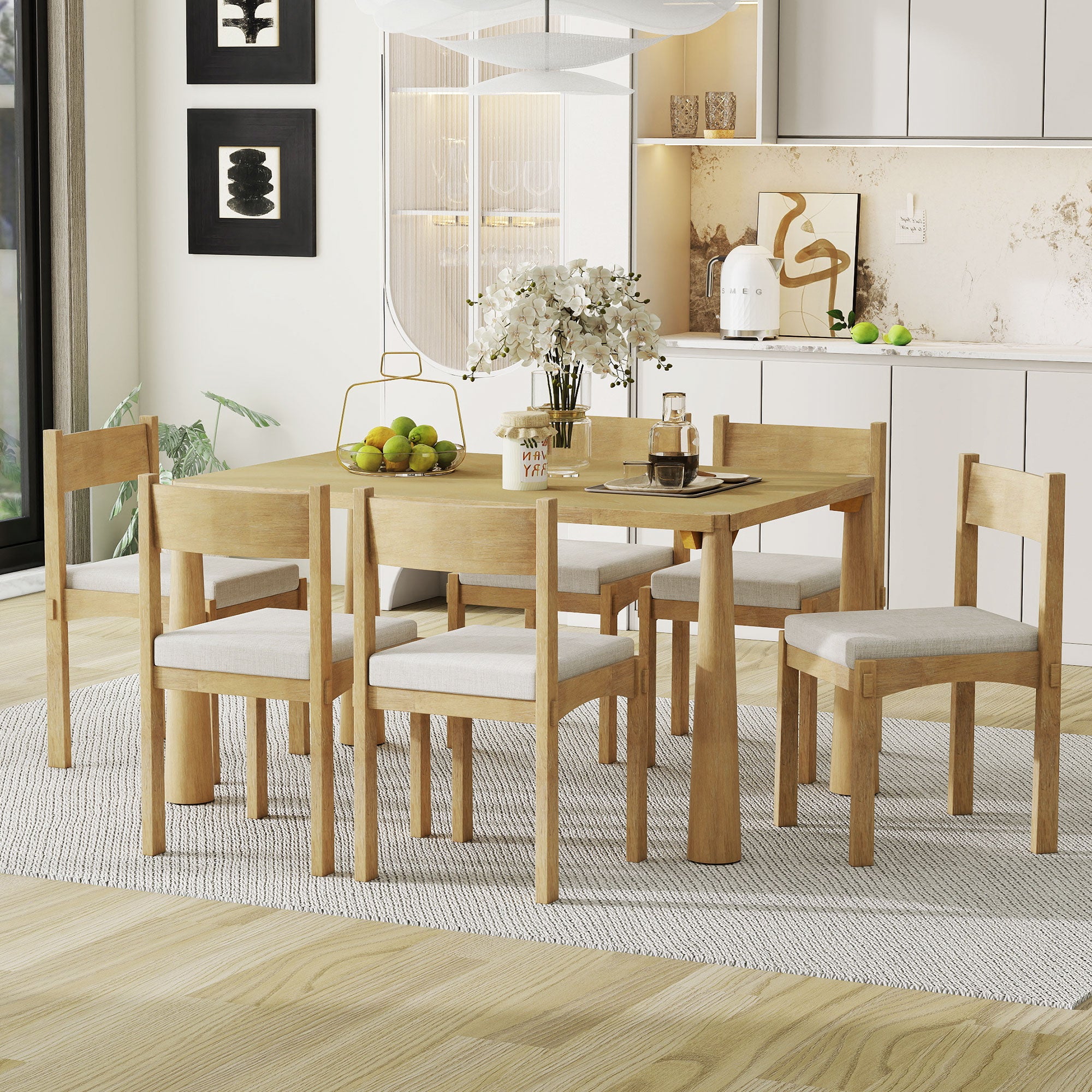 GDFStudio Josh 7-Piece Wood Dining Table Set with Solid Wood Table and Upholstered Armless Chairs, Natural Wood Wash