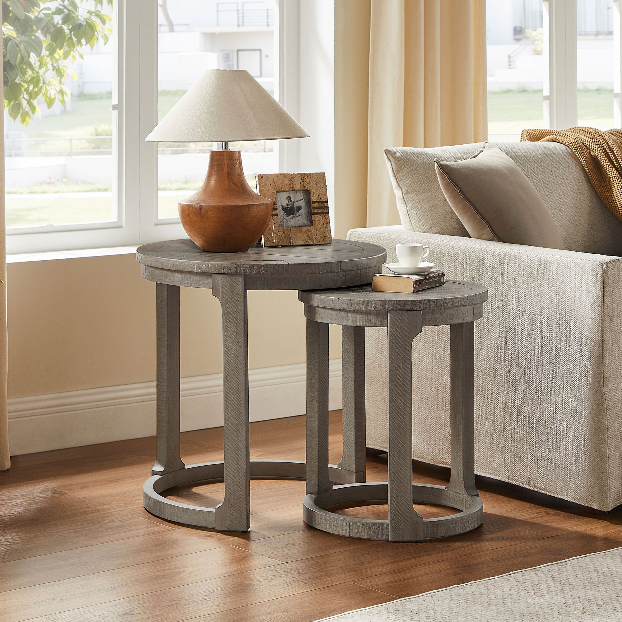 GDFStudio Uvella Traditional Round Nesting Table Set, Light Brown