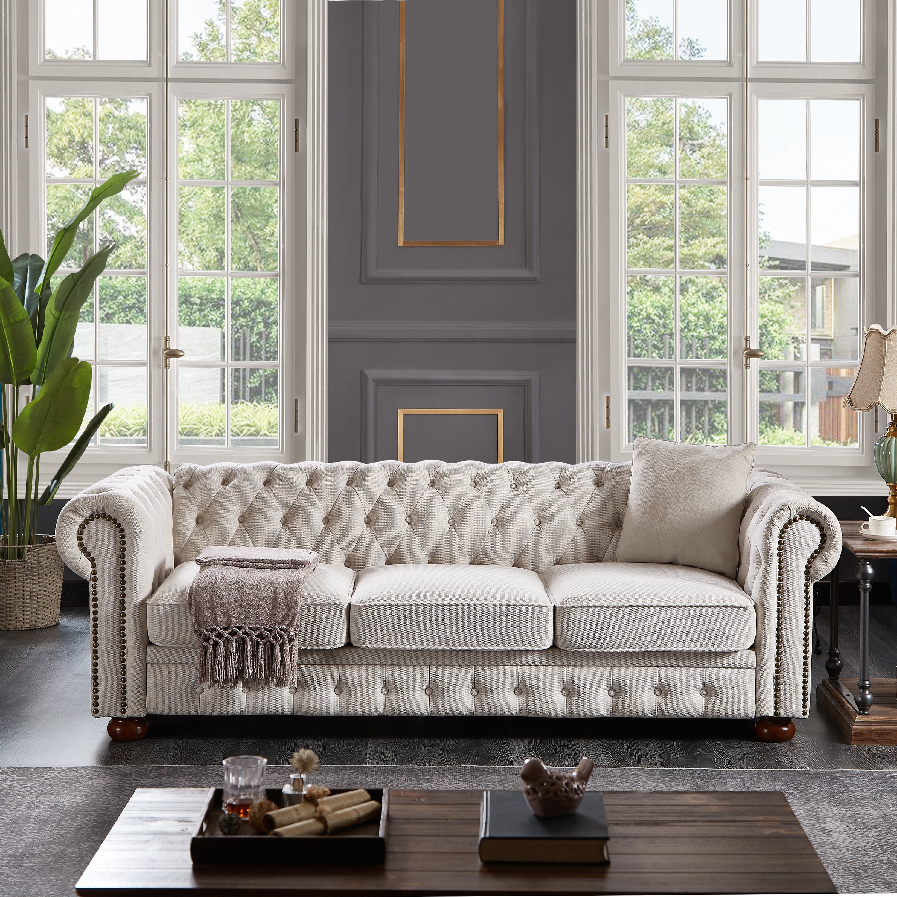 GDFStudio Sabriel 88.5'' Mid-Century Modern Chesterfield 3-Seater Rubberwood Linen Upholstered Tufted Sofa
