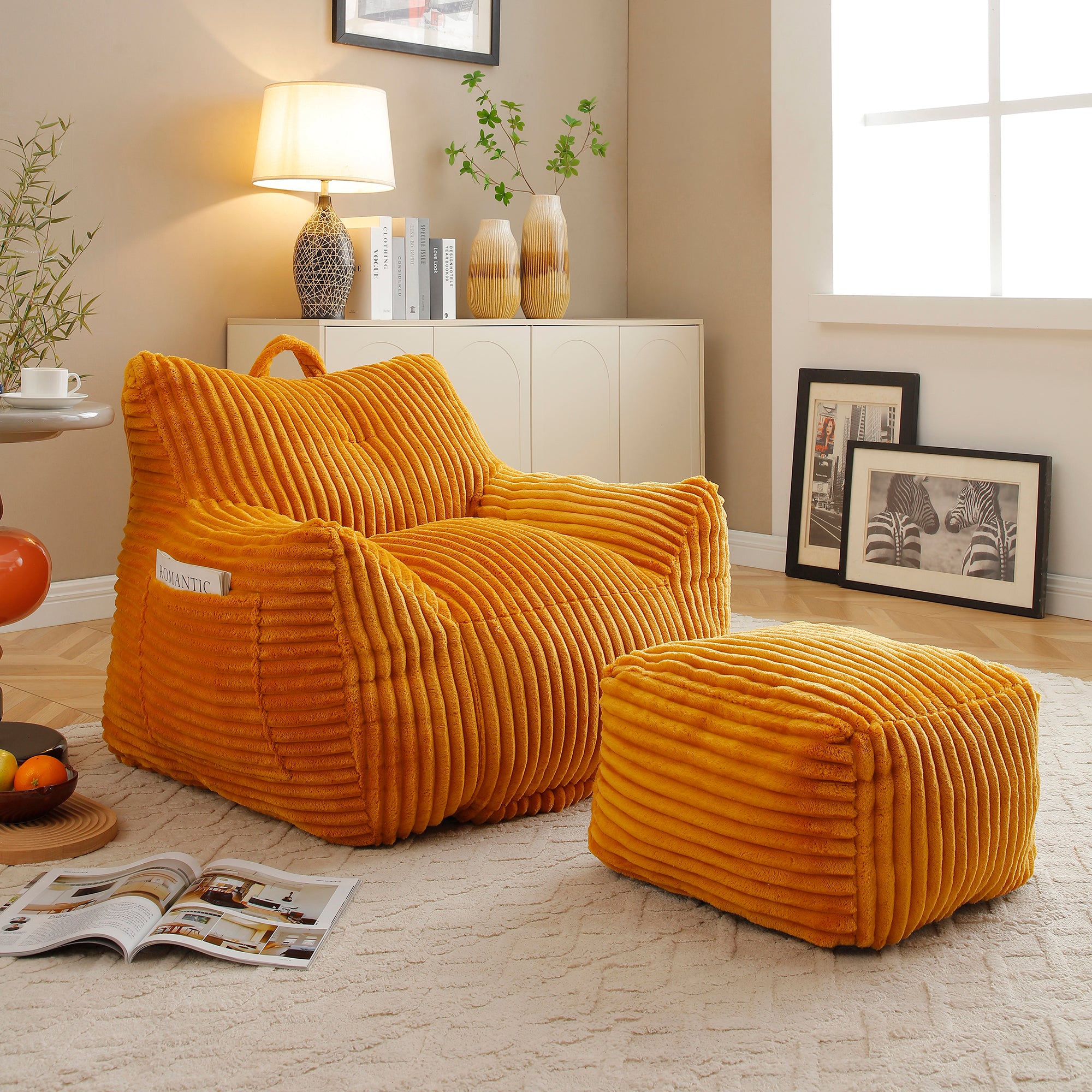 GDFStudio Edie 2 Piece Corduroy Bean Bag Chair with Ottoman, Yellow